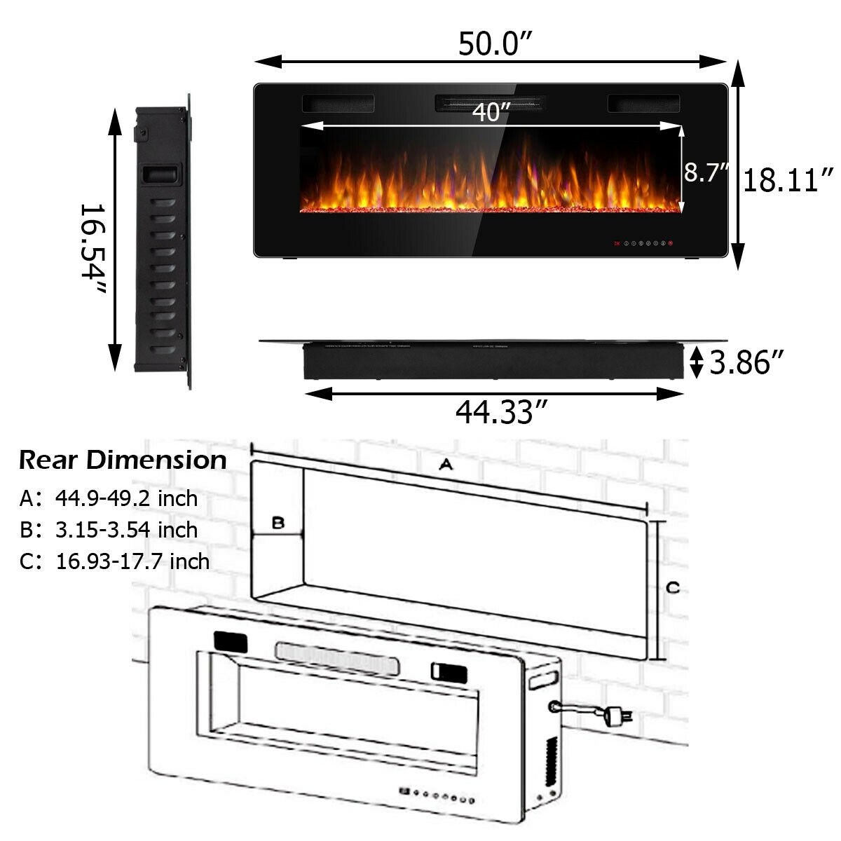 50 Inch Recessed Ultra Thin Electric Fireplace with Timer, Black Fireplaces at Gallery Canada