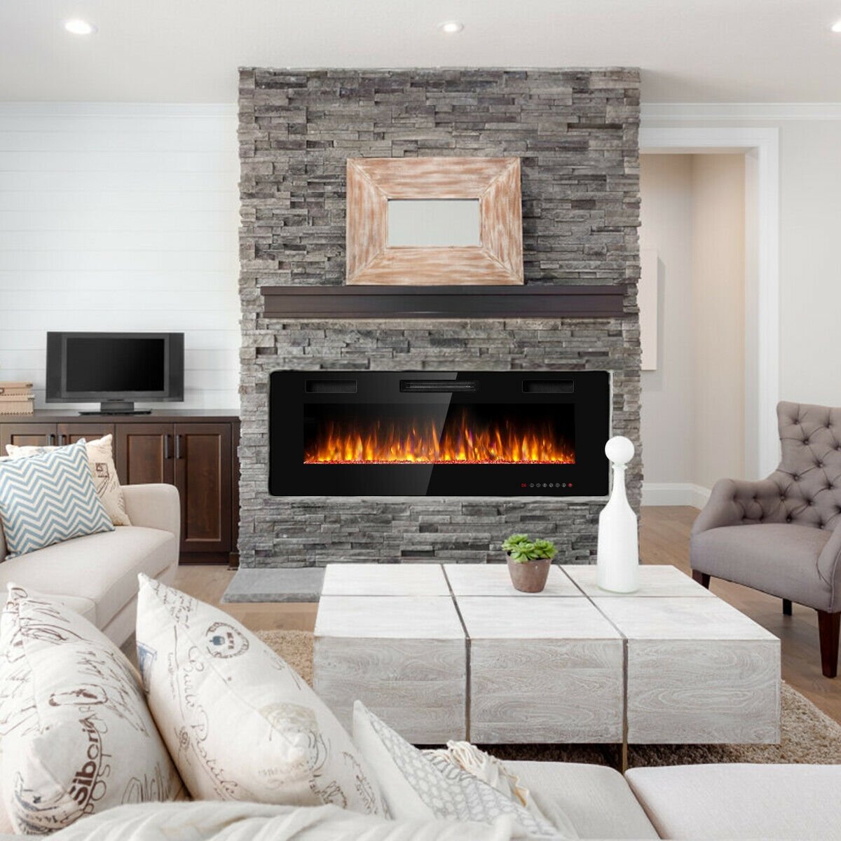 50 Inch Recessed Ultra Thin Electric Fireplace with Timer, Black Fireplaces at Gallery Canada