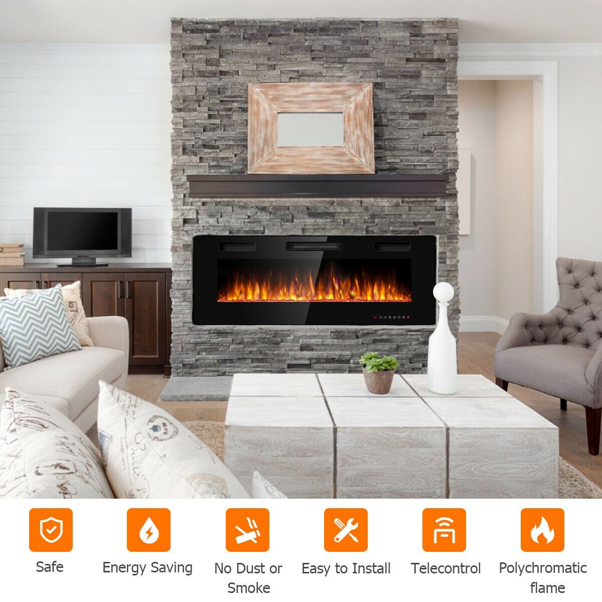50 Inch Recessed Ultra Thin Electric Fireplace with Timer, Black Fireplaces at Gallery Canada