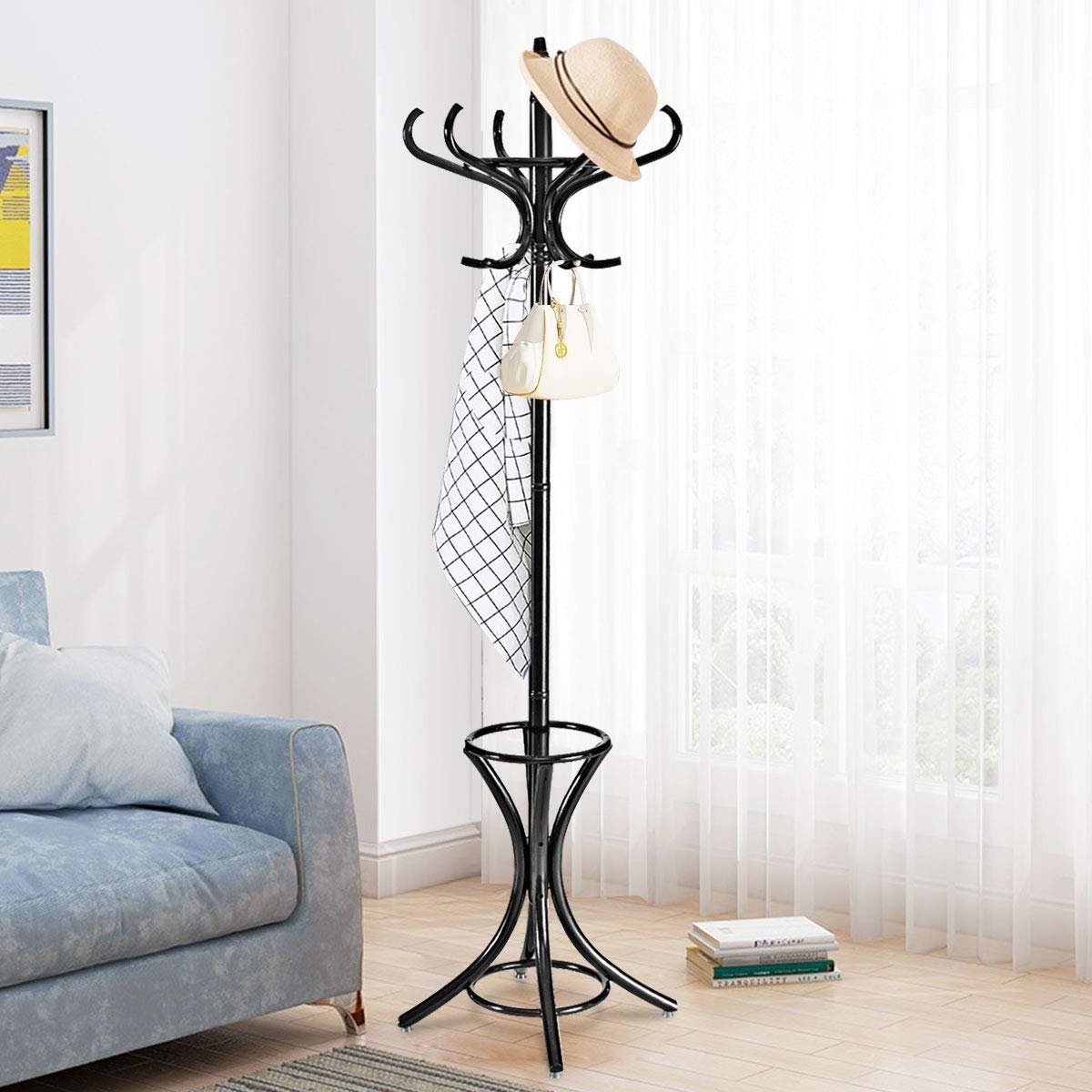 Wood Standing Hat Coat Rack w/ Umbrella Stand, Black Coat Racks & Hall Trees at Gallery Canada