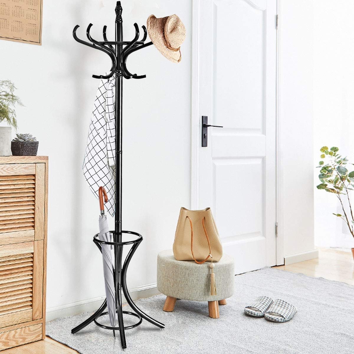 Wood Standing Hat Coat Rack w/ Umbrella Stand, Black Coat Racks & Hall Trees at Gallery Canada