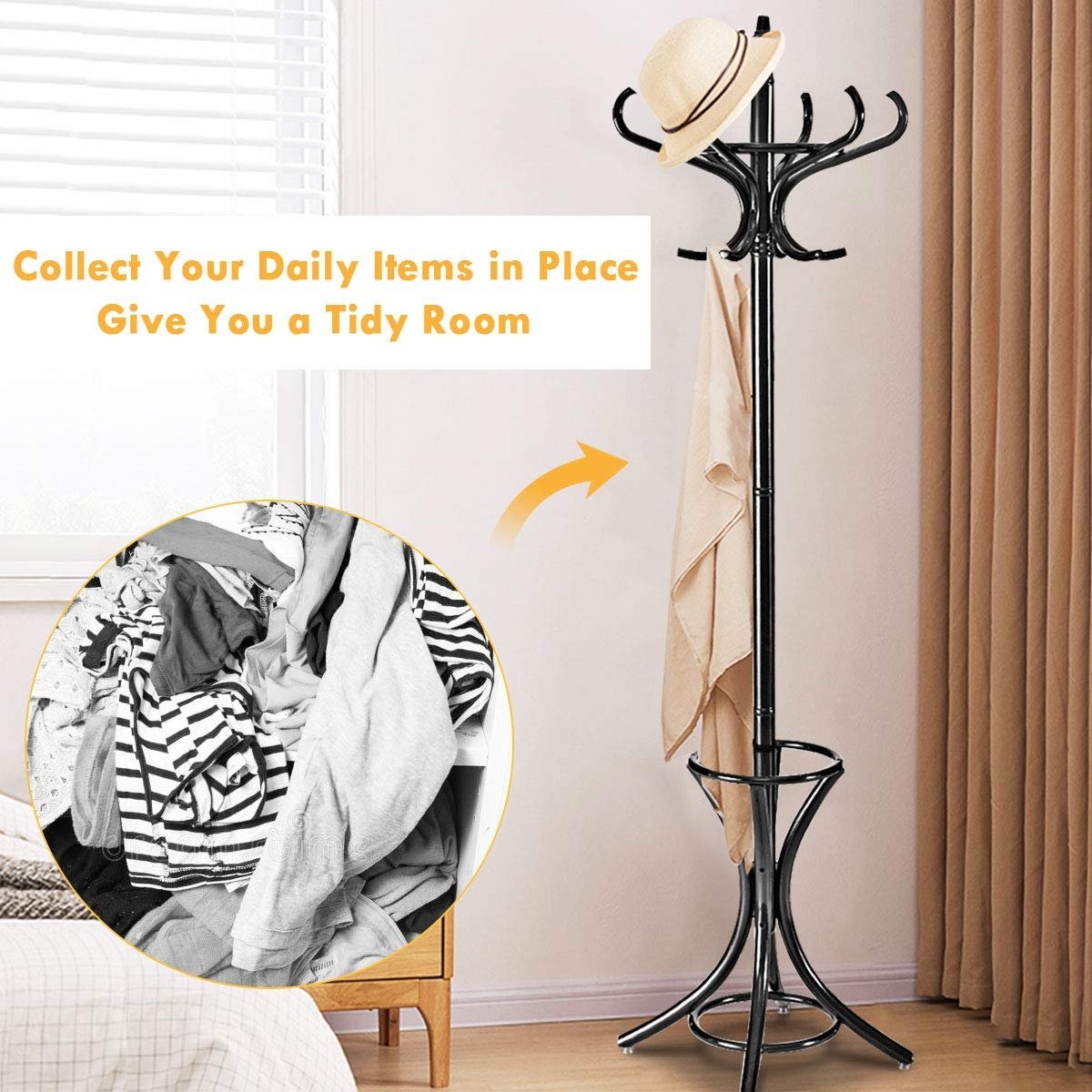 Wood Standing Hat Coat Rack w/ Umbrella Stand, Black Coat Racks & Hall Trees at Gallery Canada