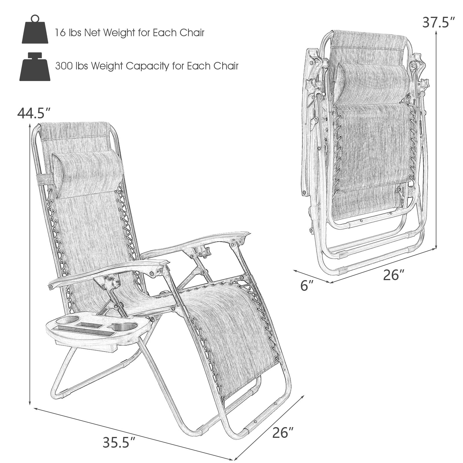 2 Pieces Folding Lounge Chair with Zero Gravity, Gray Beach & Lawn Chairs at Gallery Canada