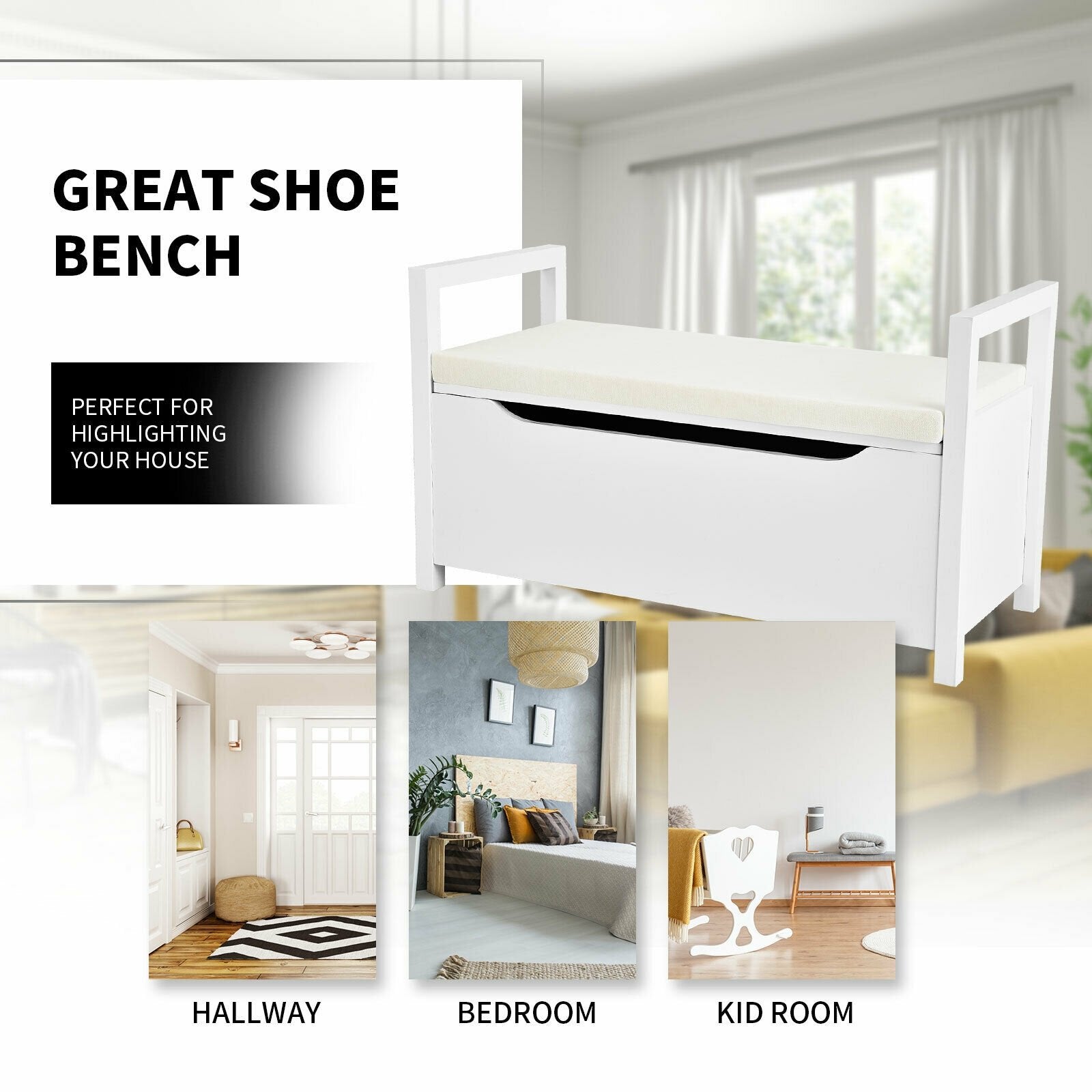 34.5 ×15.5 ×19.5 Inch Shoe Storage Bench with Cushion Seat for Entryway, White Shoe Racks & Storage Benches at Gallery Canada