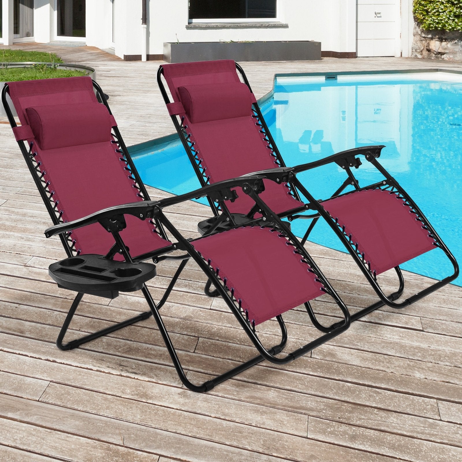 2 Pieces Folding Lounge Chair with Zero Gravity, Dark Red Beach & Lawn Chairs at Gallery Canada