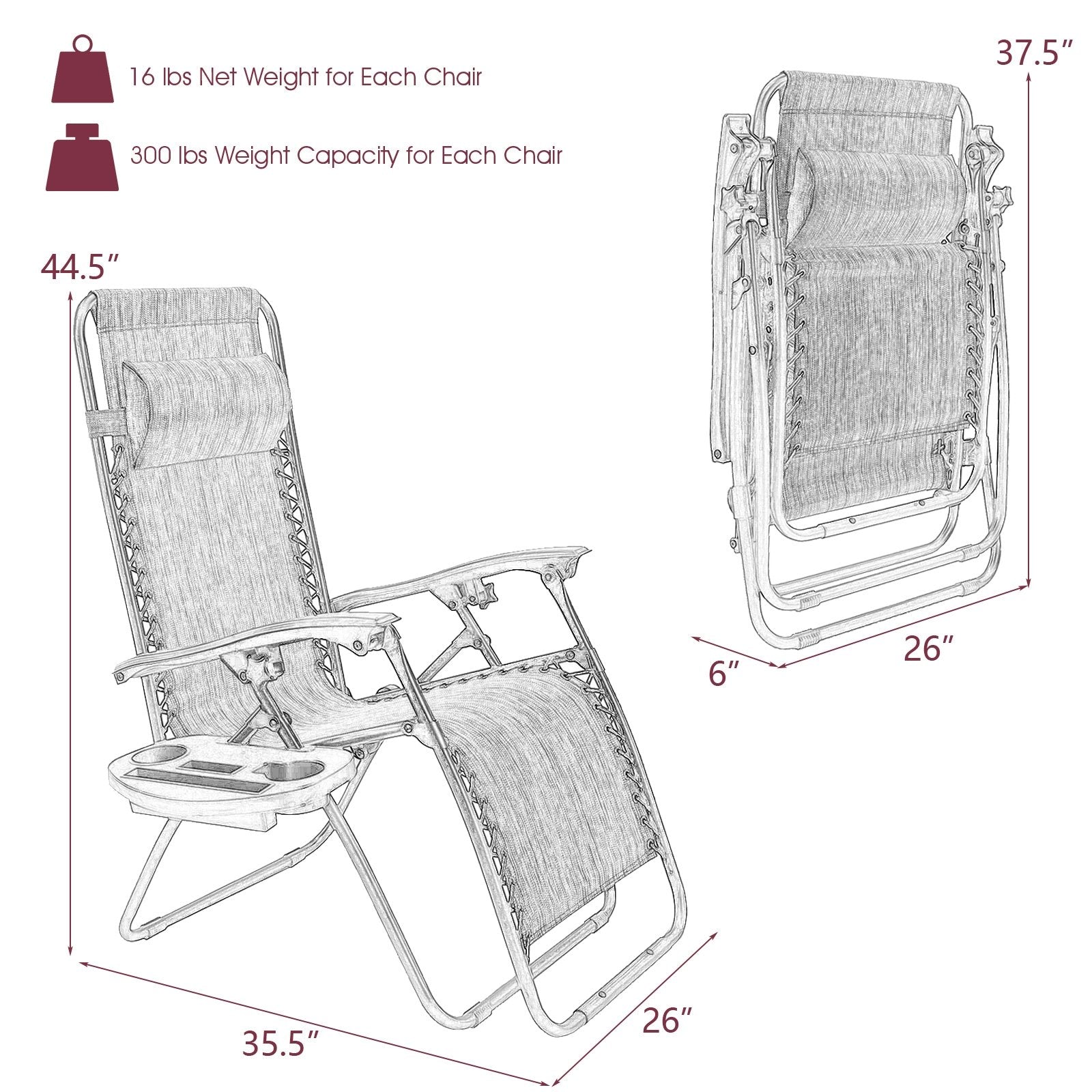 2 Pieces Folding Lounge Chair with Zero Gravity, Dark Red Beach & Lawn Chairs at Gallery Canada