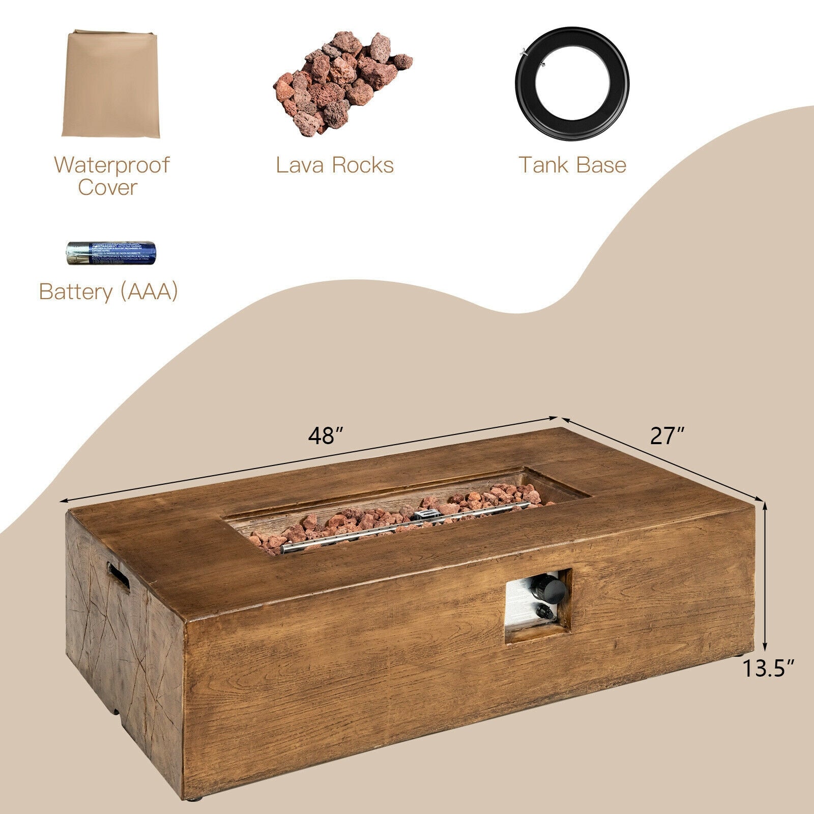 48 x 27Inch Outdoor Gas Fire Pit Table 50 000 BTU with Lava Rocks and Cover, Brown Fire Pits at Gallery Canada