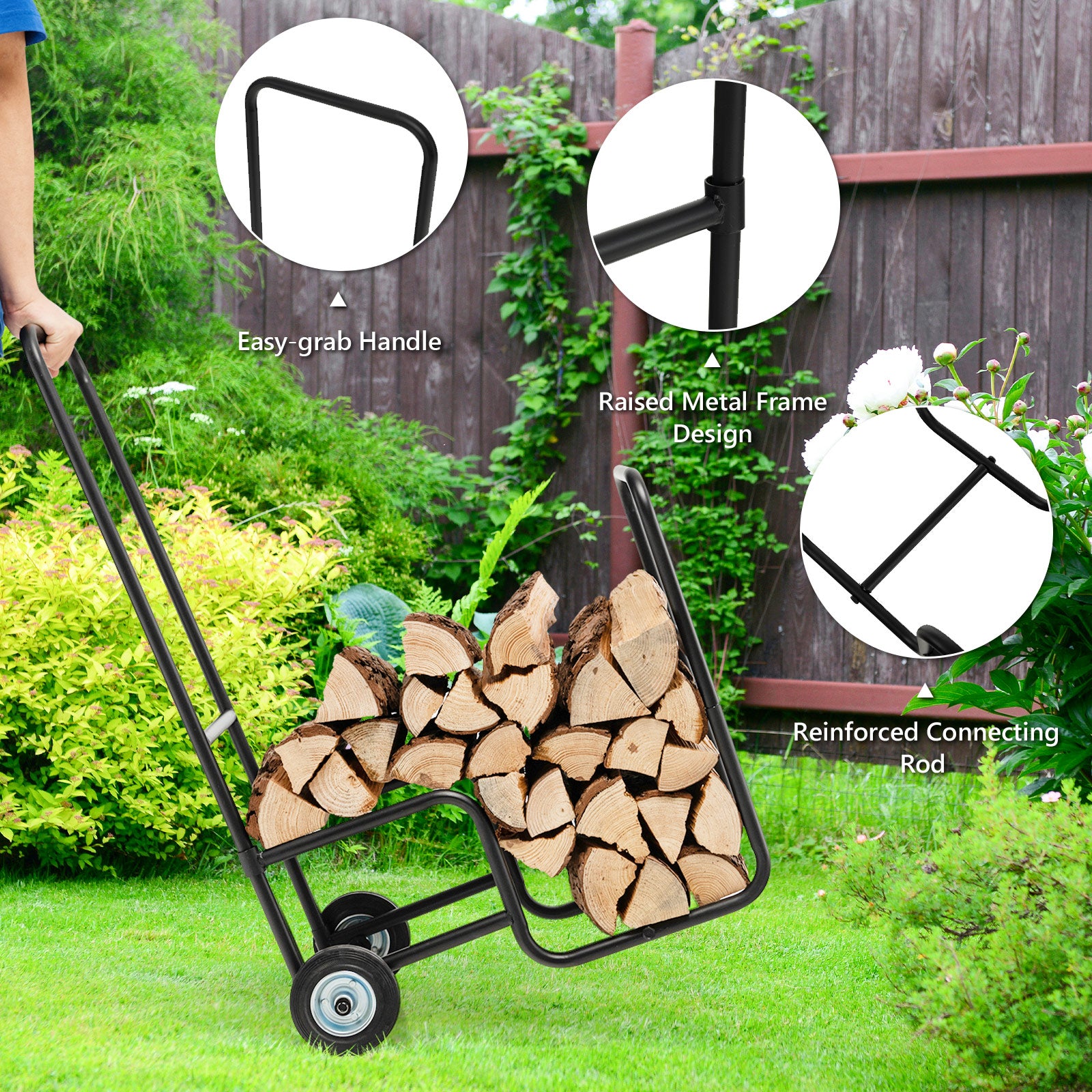 Firewood Log Cart Carrier with Anti-Slip and Wear-Resistant Wheels, Black Log Storage at Gallery Canada