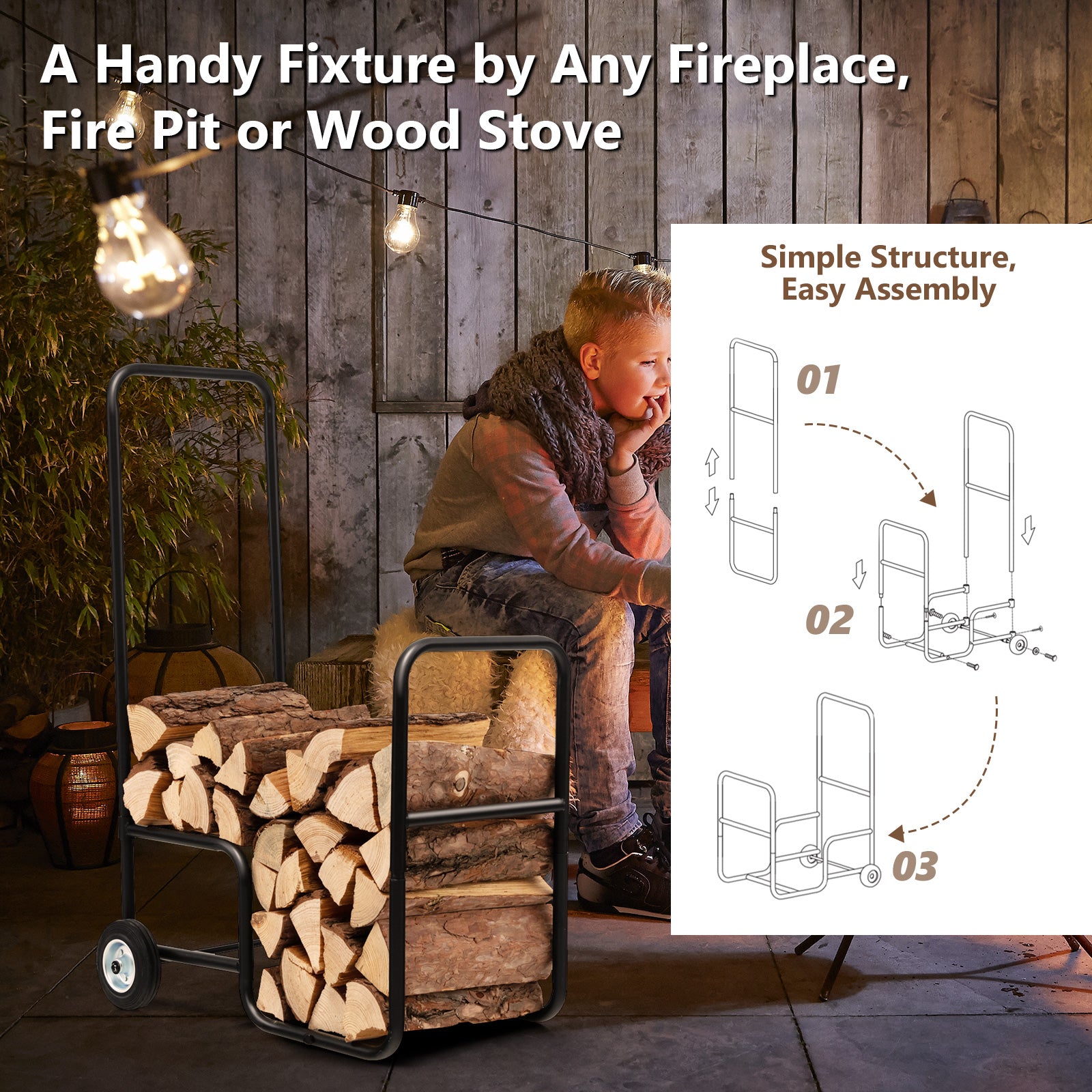 Firewood Log Cart Carrier with Anti-Slip and Wear-Resistant Wheels, Black Log Storage at Gallery Canada