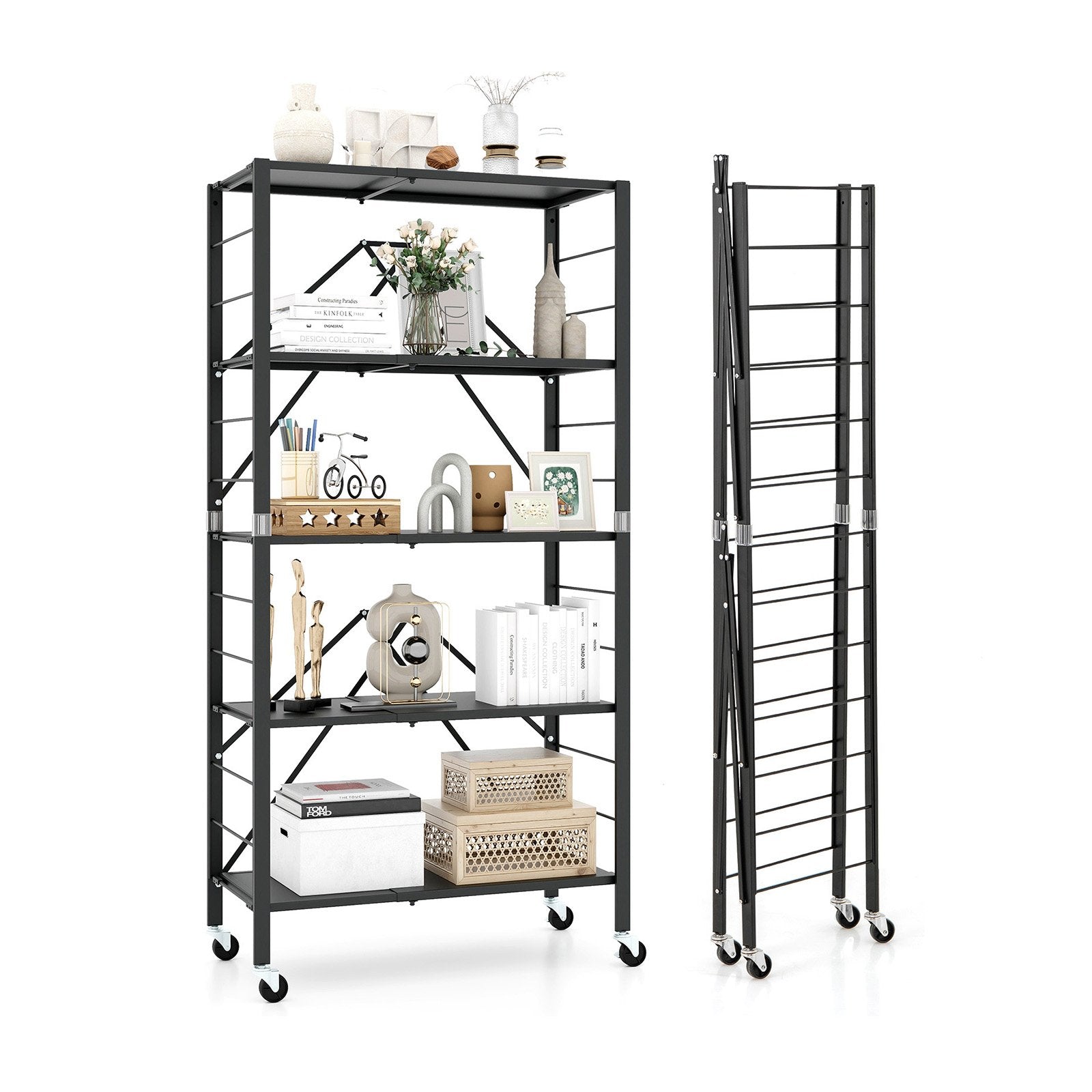 5-Tier Foldable Storage Shelf with Wheels, Black Sheds & Outdoor Storage Black at Gallery Canada