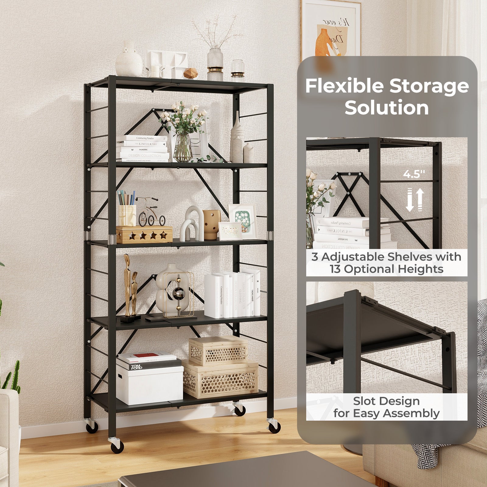 5-Tier Foldable Storage Shelf with Wheels, Black Sheds & Outdoor Storage   at Gallery Canada