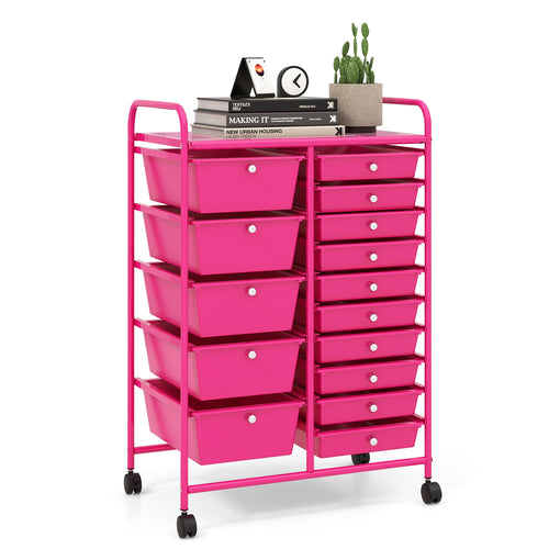 15-Drawer Utility Rolling Organizer Cart MultiUse Storage, Pink