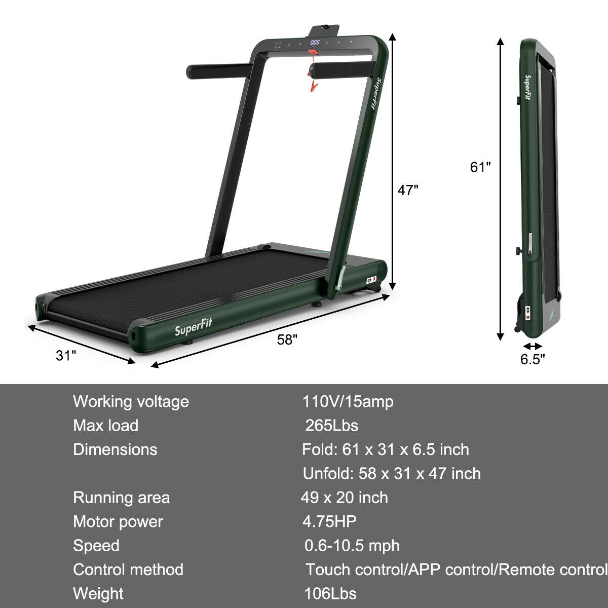 4.75HP 2 In 1 Folding Treadmill with Remote APP Control, Green Treadmills at Gallery Canada