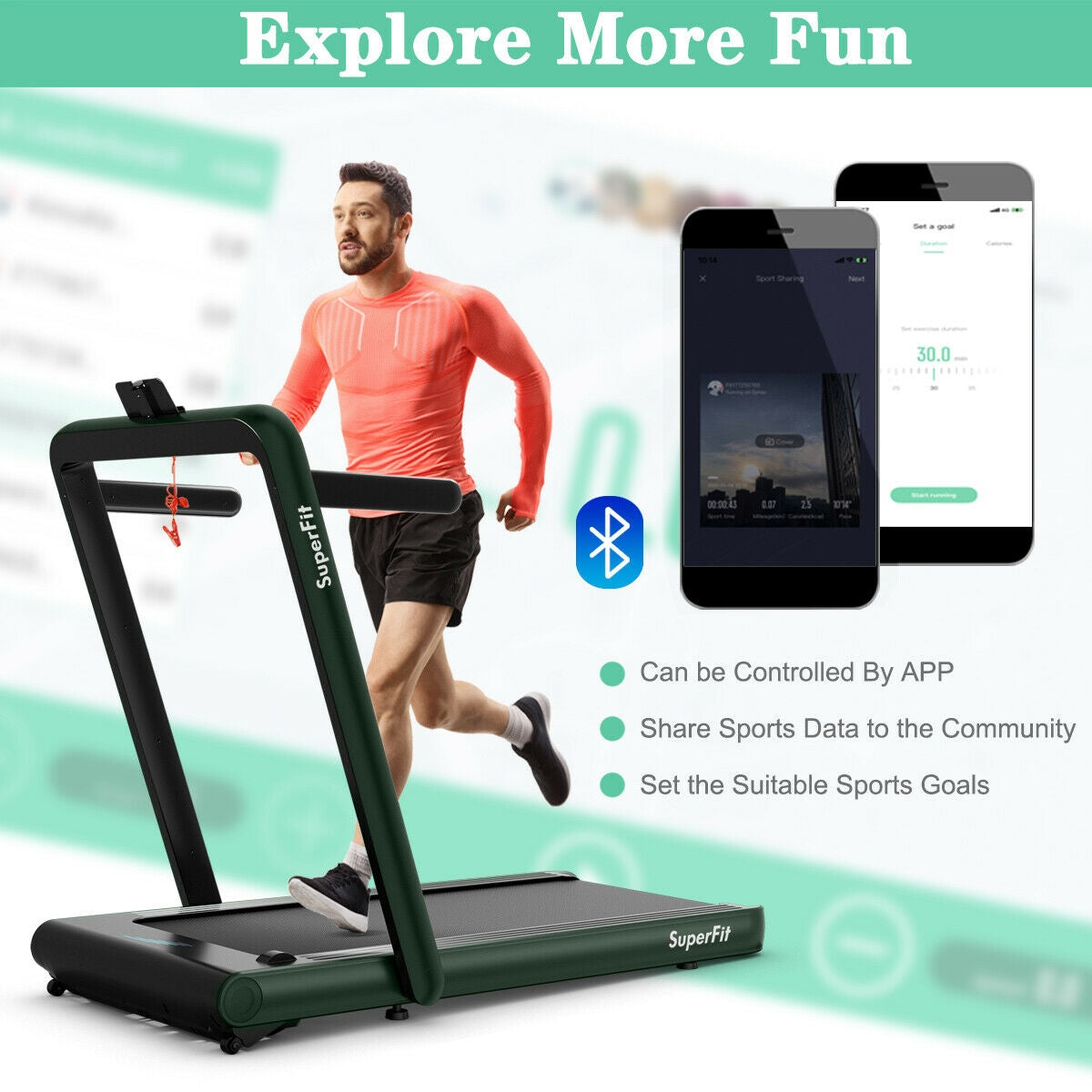 4.75HP 2 In 1 Folding Treadmill with Remote APP Control, Green Treadmills at Gallery Canada