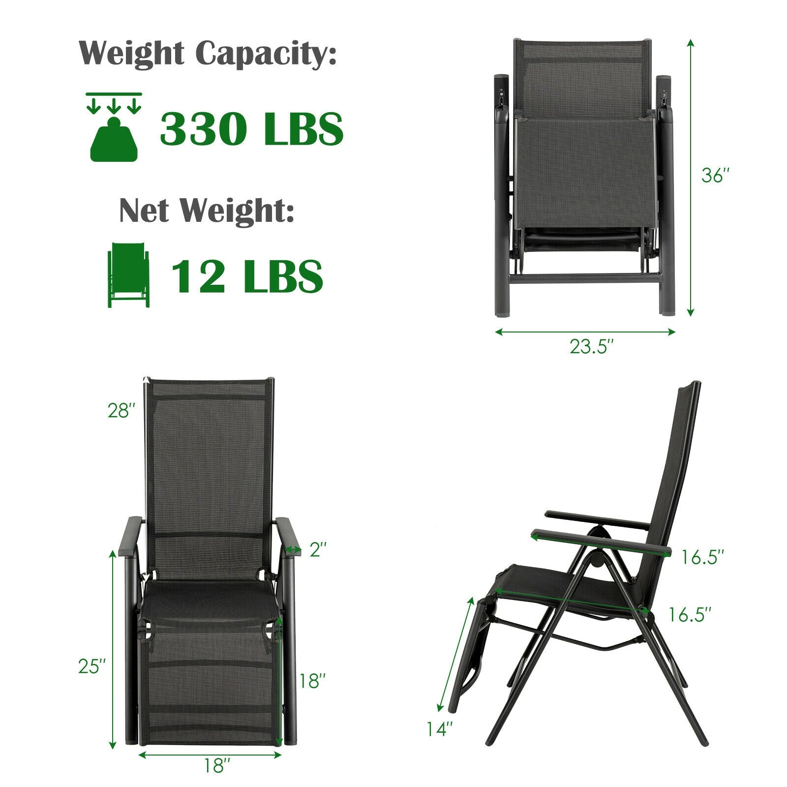 Aluminum Frame Outdoor Foldable Reclining Chair, Gray Beach & Lawn Chairs at Gallery Canada
