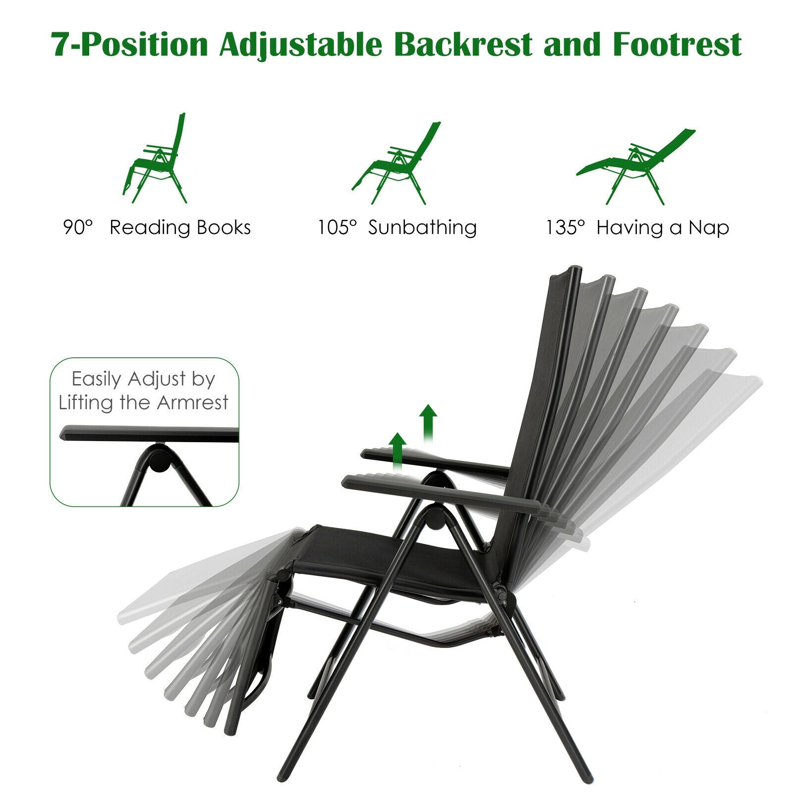 Aluminum Frame Outdoor Foldable Reclining Chair, Gray Beach & Lawn Chairs at Gallery Canada