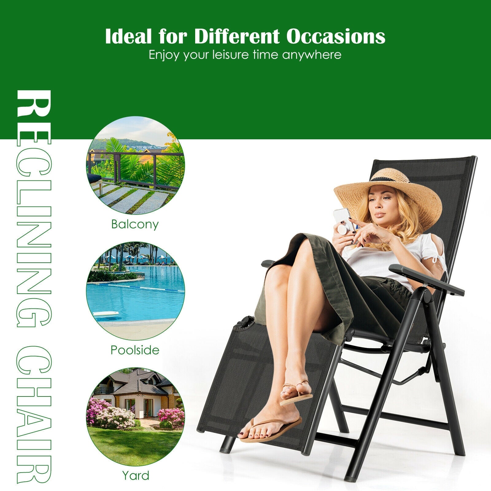 Aluminum Frame Outdoor Foldable Reclining Chair, Gray Beach & Lawn Chairs at Gallery Canada