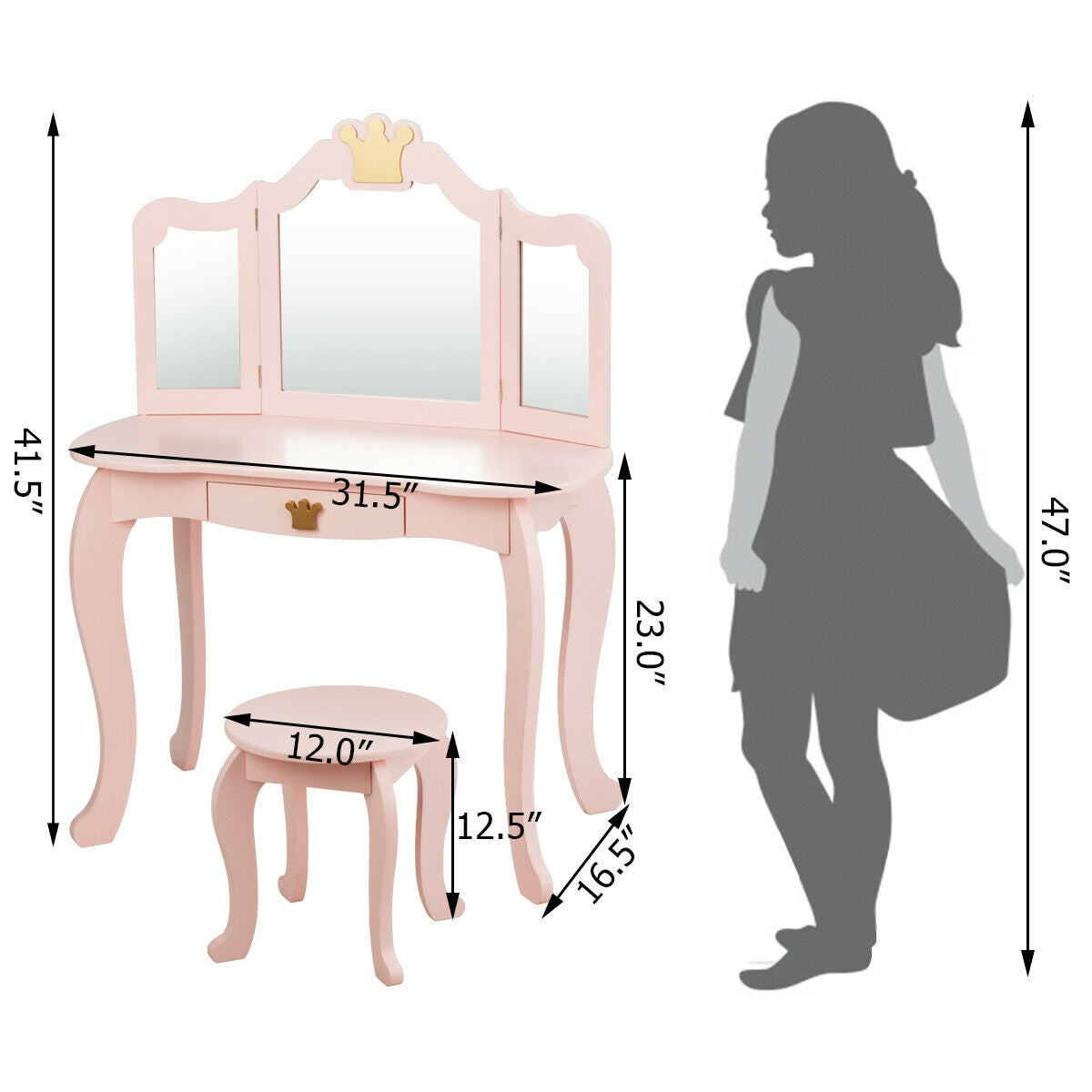 Kids Makeup Dressing Table with Tri-folding Mirror and Stool, Pink Kids Vanities at Gallery Canada