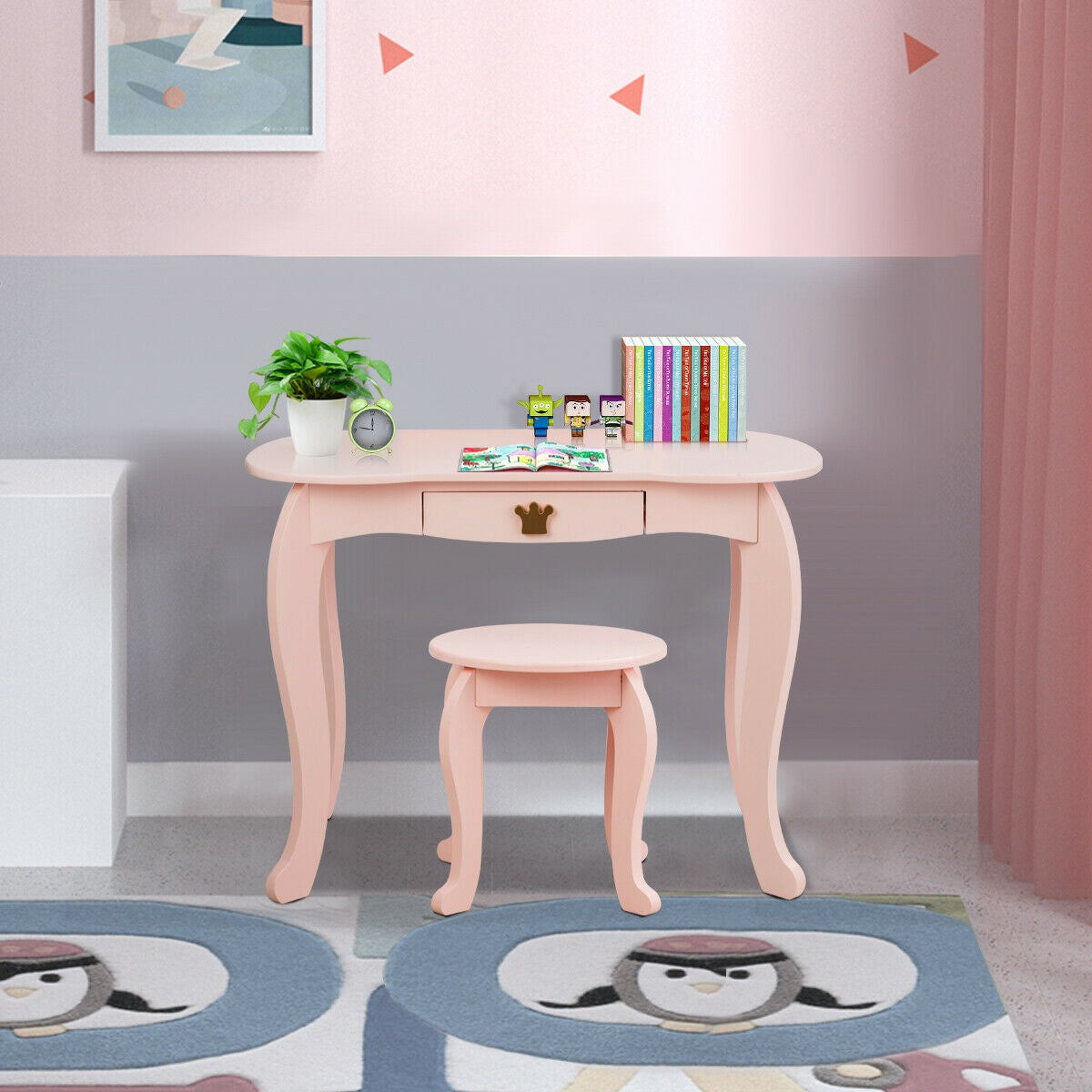 Kids Makeup Dressing Table with Tri-folding Mirror and Stool, Pink Kids Vanities at Gallery Canada
