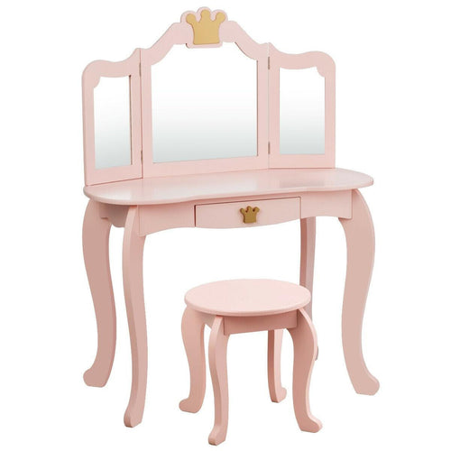 Kids Makeup Dressing Table with Tri-folding Mirror and Stool, Pink
