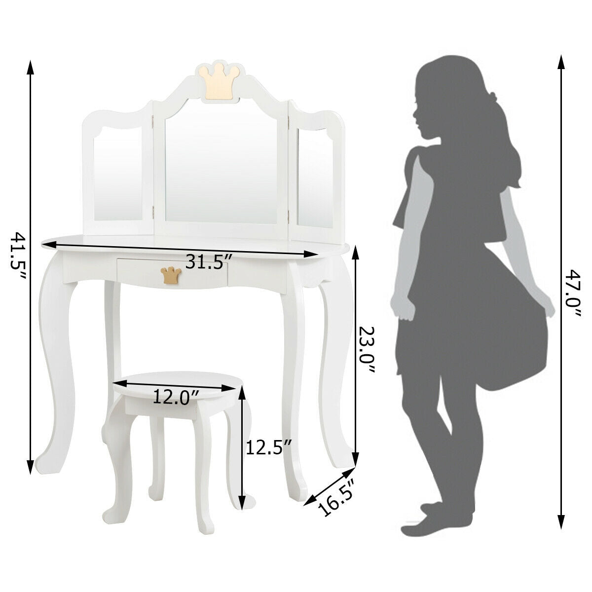 Kids Makeup Dressing Table with Tri-folding Mirror and Stool, White Kids Vanities at Gallery Canada