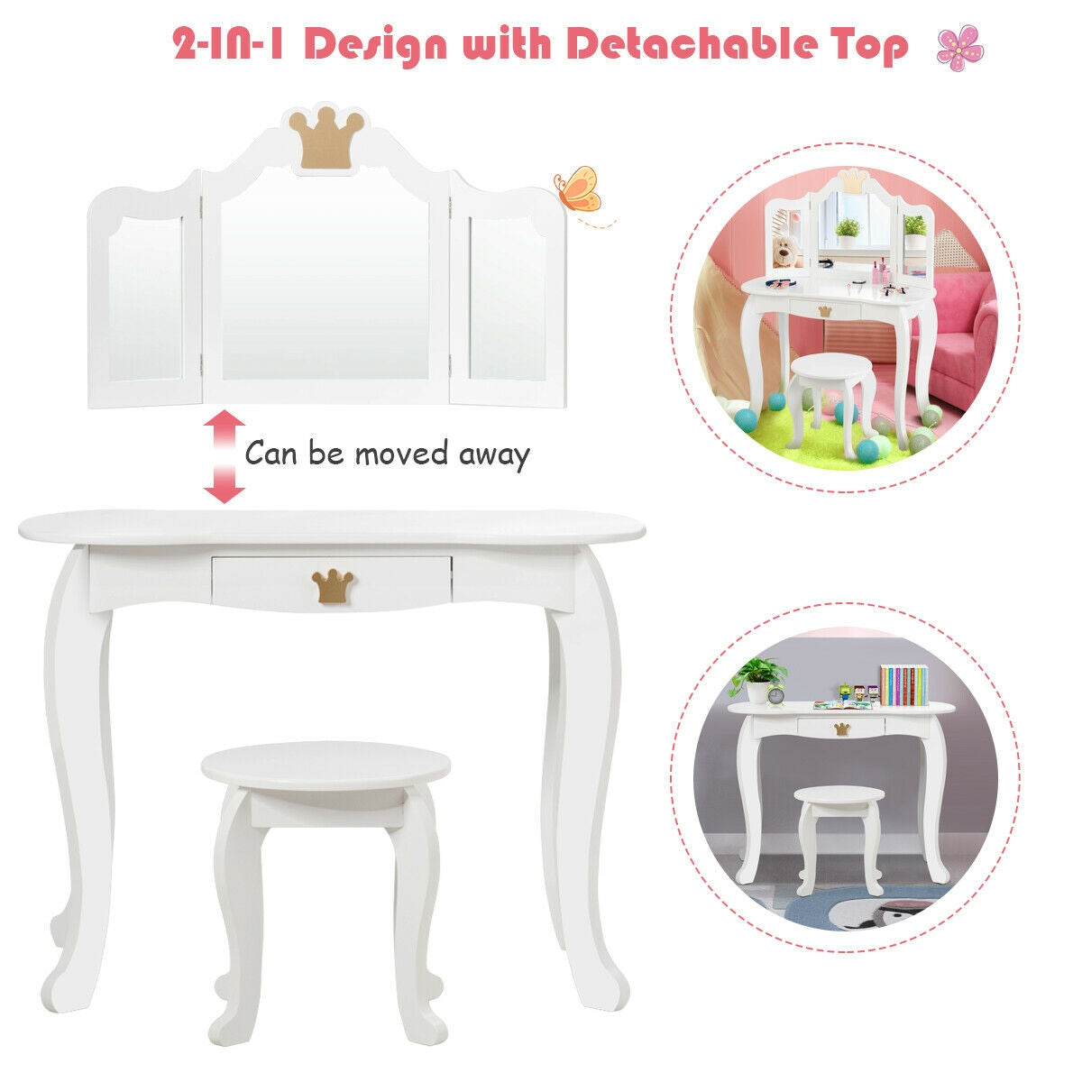 Kids Makeup Dressing Table with Tri-folding Mirror and Stool, White Kids Vanities at Gallery Canada