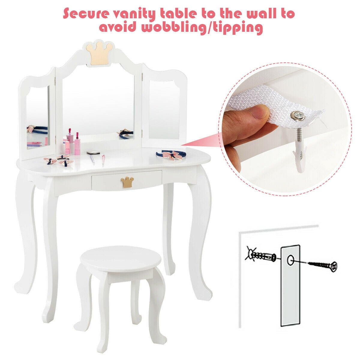 Kids Makeup Dressing Table with Tri-folding Mirror and Stool, White Kids Vanities at Gallery Canada