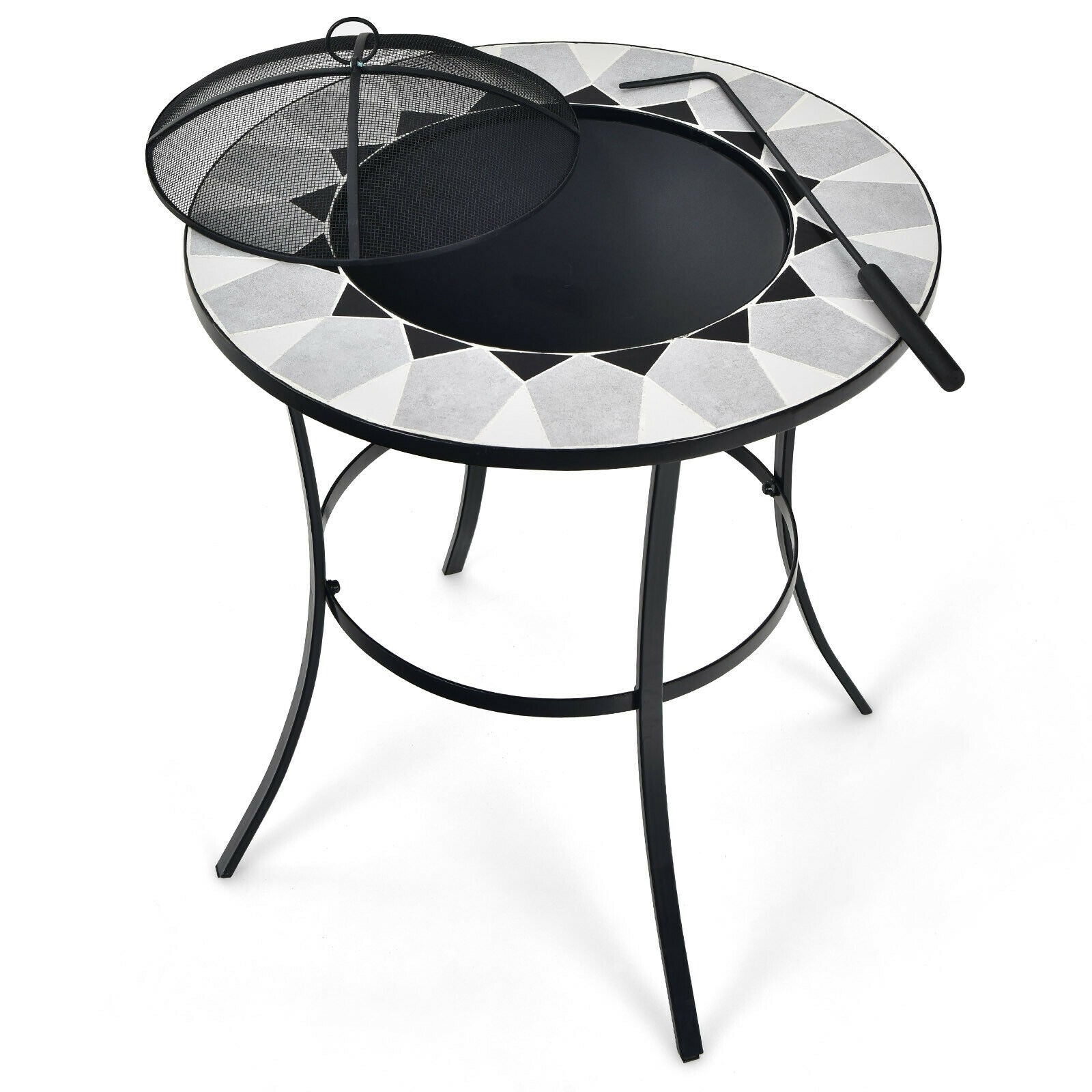 23.5 Inches Round Fire Pit Table with Mesh Cover and Fire Poker, Black Fire Pit Tables at Gallery Canada