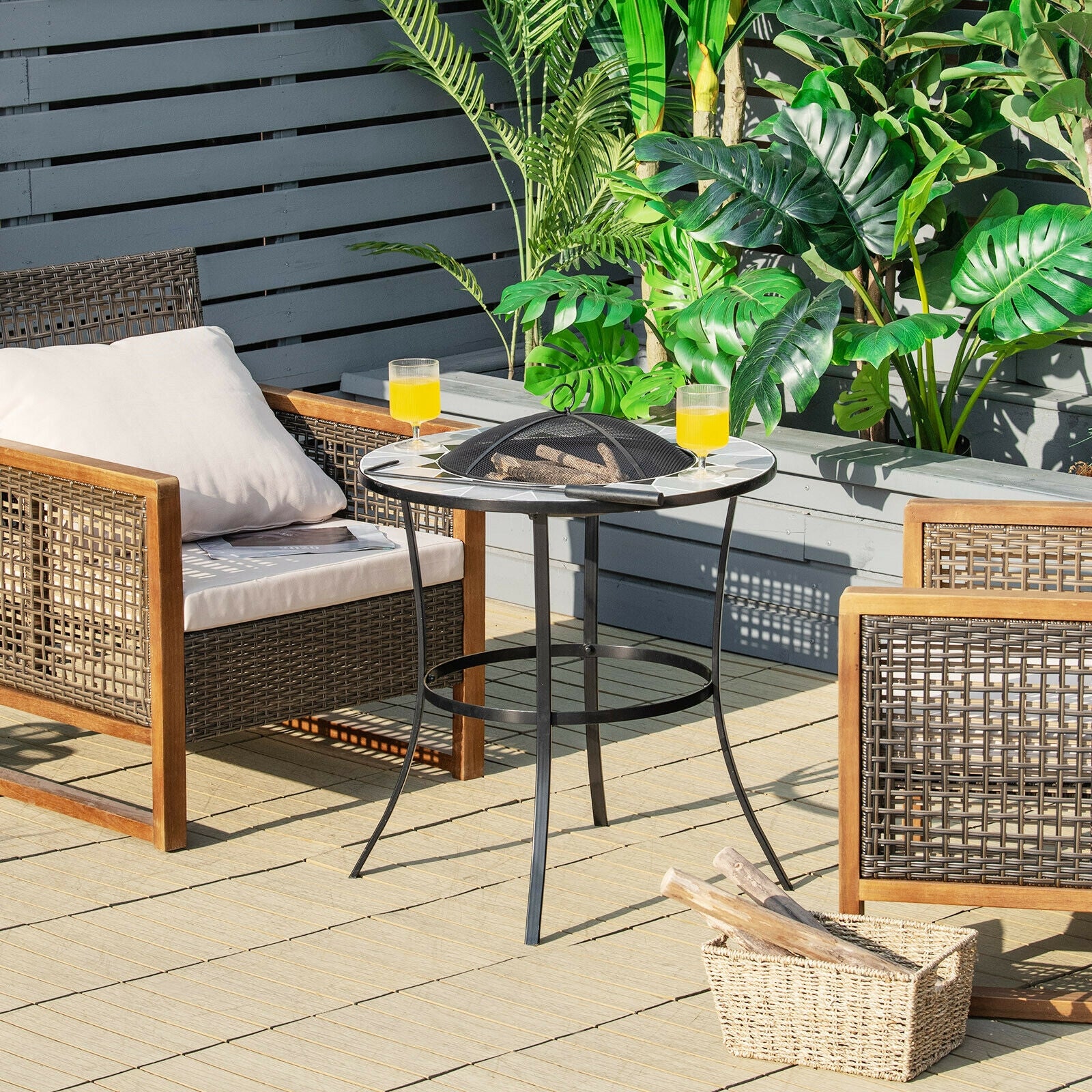 23.5 Inches Round Fire Pit Table with Mesh Cover and Fire Poker, Black Fire Pit Tables at Gallery Canada