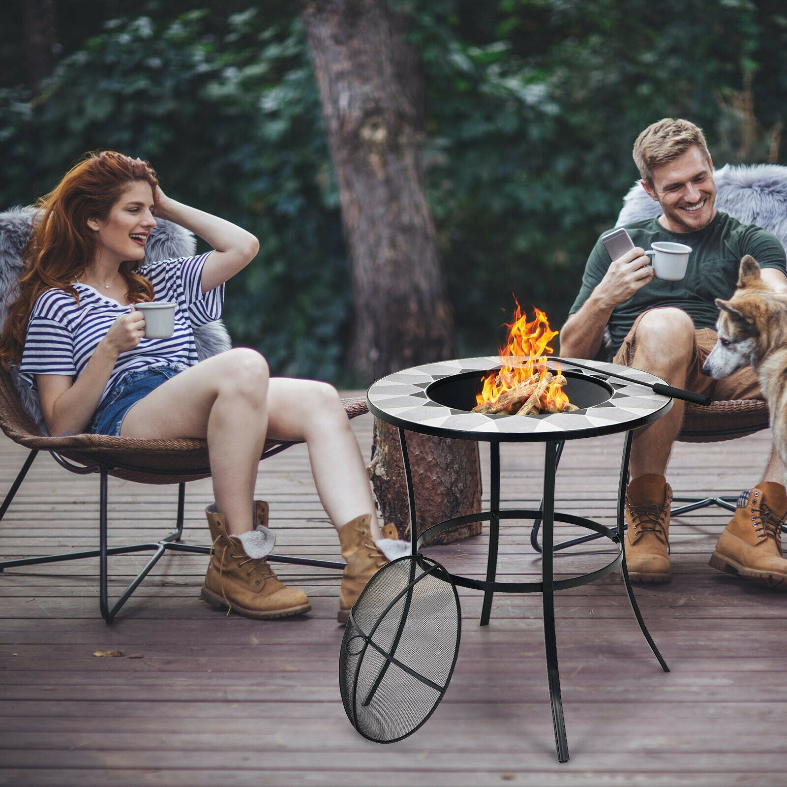 23.5 Inches Round Fire Pit Table with Mesh Cover and Fire Poker, Black Fire Pit Tables at Gallery Canada