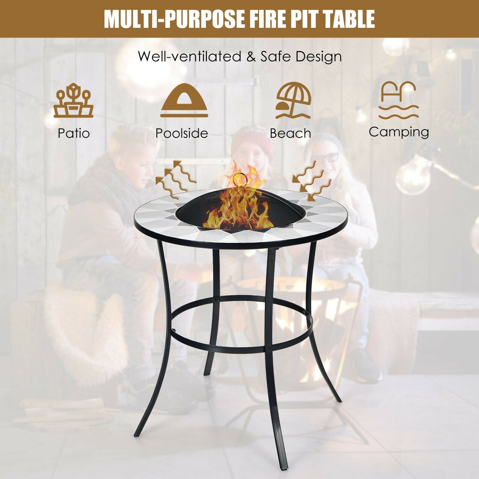 23.5 Inches Round Fire Pit Table with Mesh Cover and Fire Poker, Black Fire Pit Tables at Gallery Canada