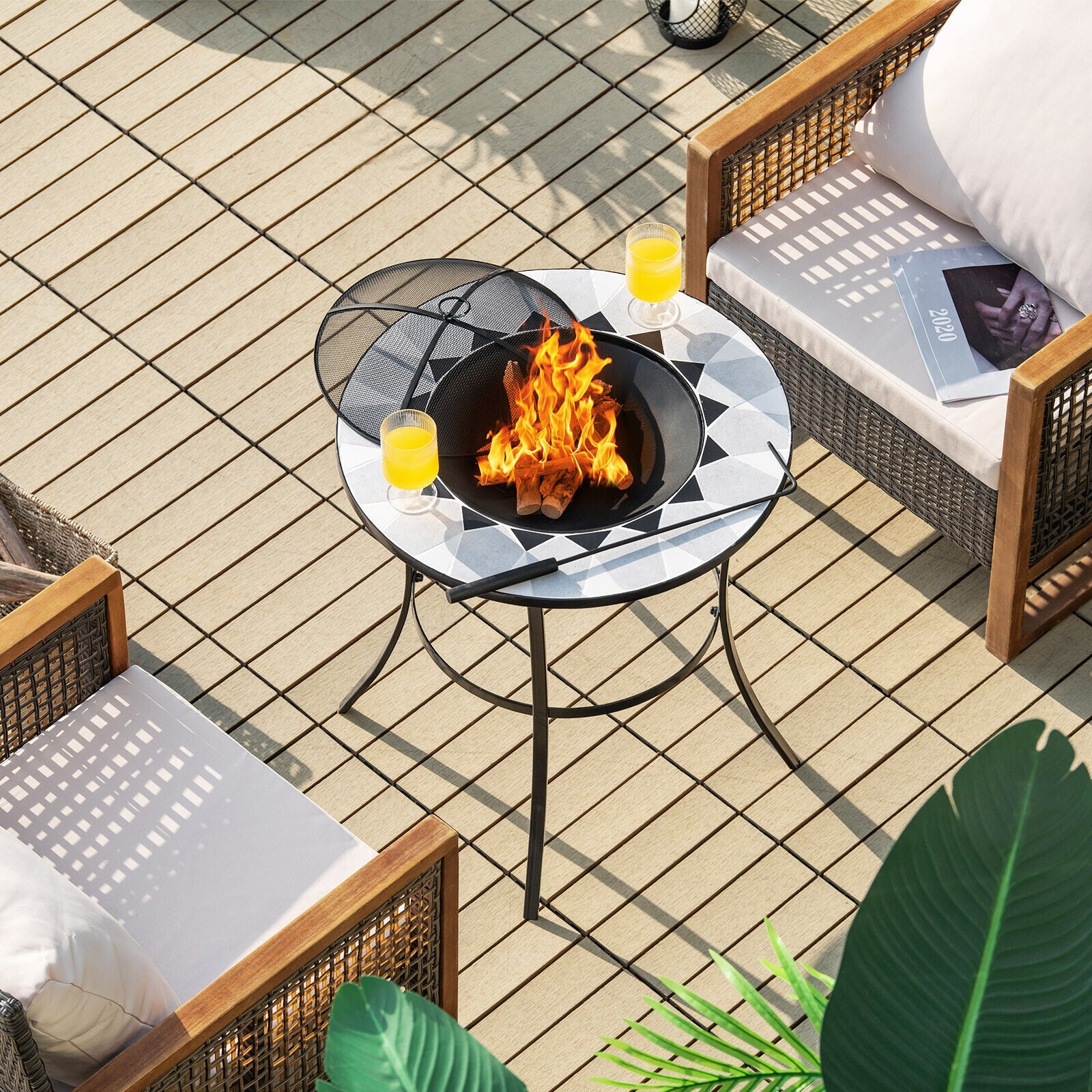 23.5 Inches Round Fire Pit Table with Mesh Cover and Fire Poker, Black Fire Pit Tables at Gallery Canada