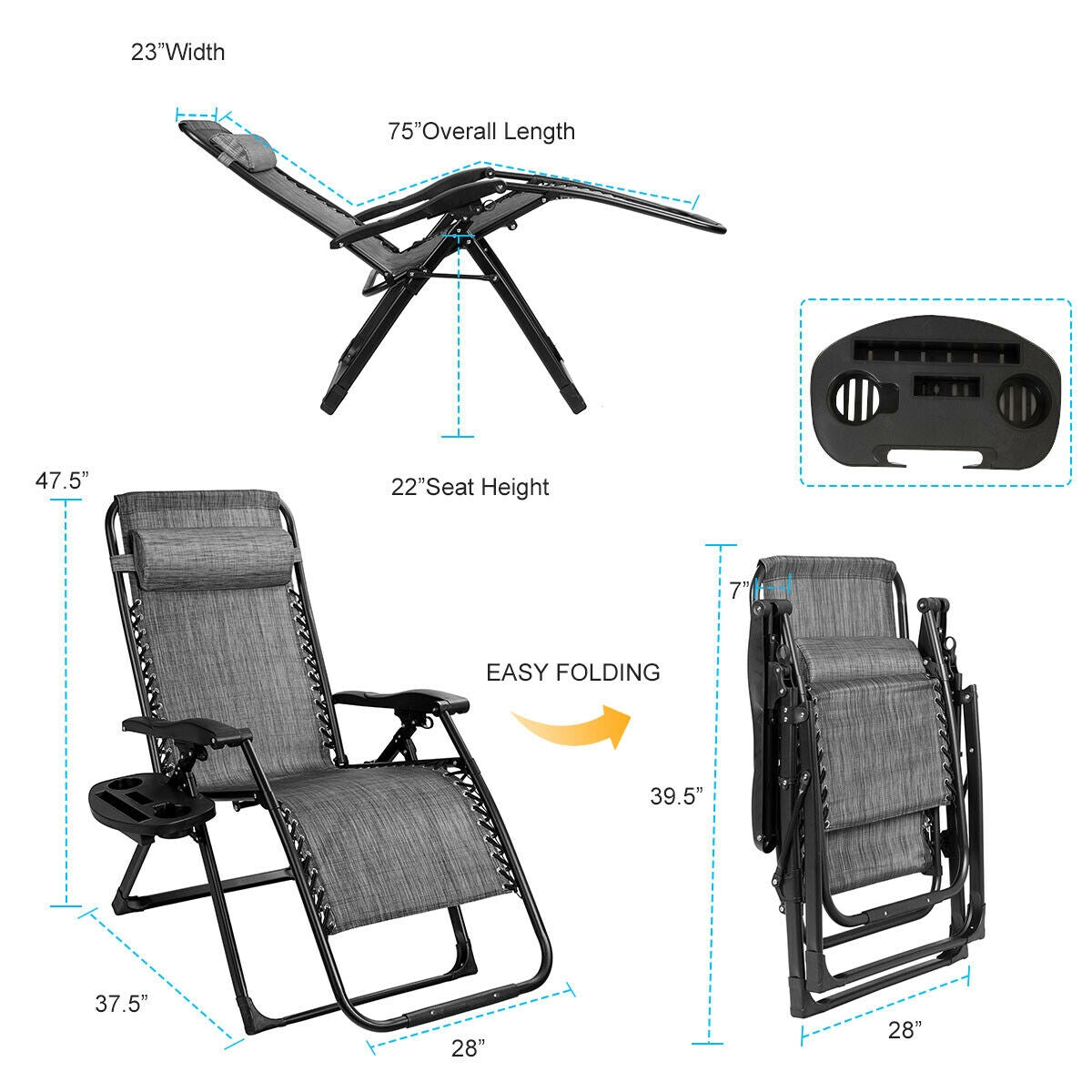 Oversize Lounge Chair with Cup Holder of Heavy Duty for outdoor, Gray Beach & Lawn Chairs at Gallery Canada
