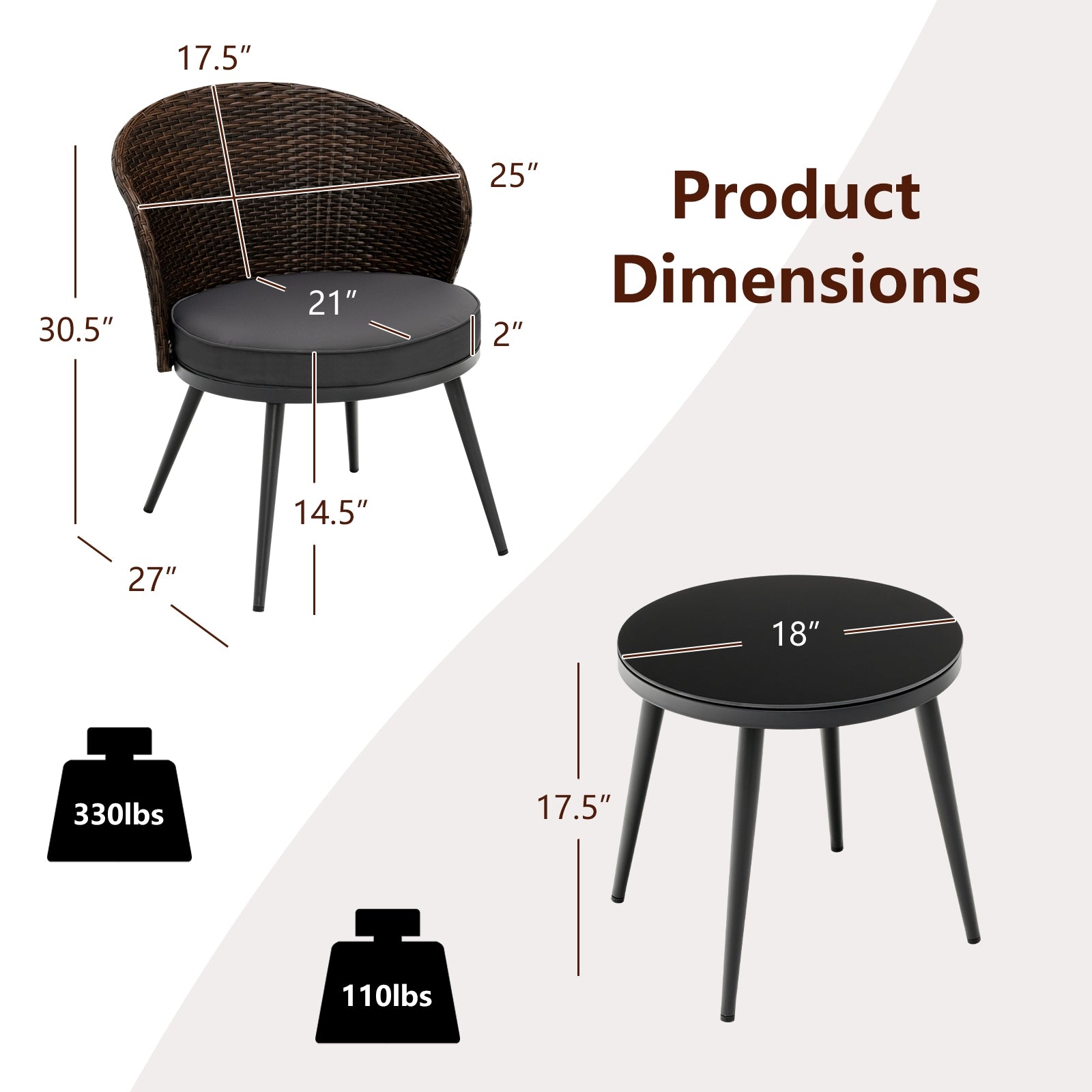 3 Pieces Patio Rattan Bistro Set with 2 Seat Cushions and Tempered Glass Tabletop, Brown Patio Conversation Sets at Gallery Canada