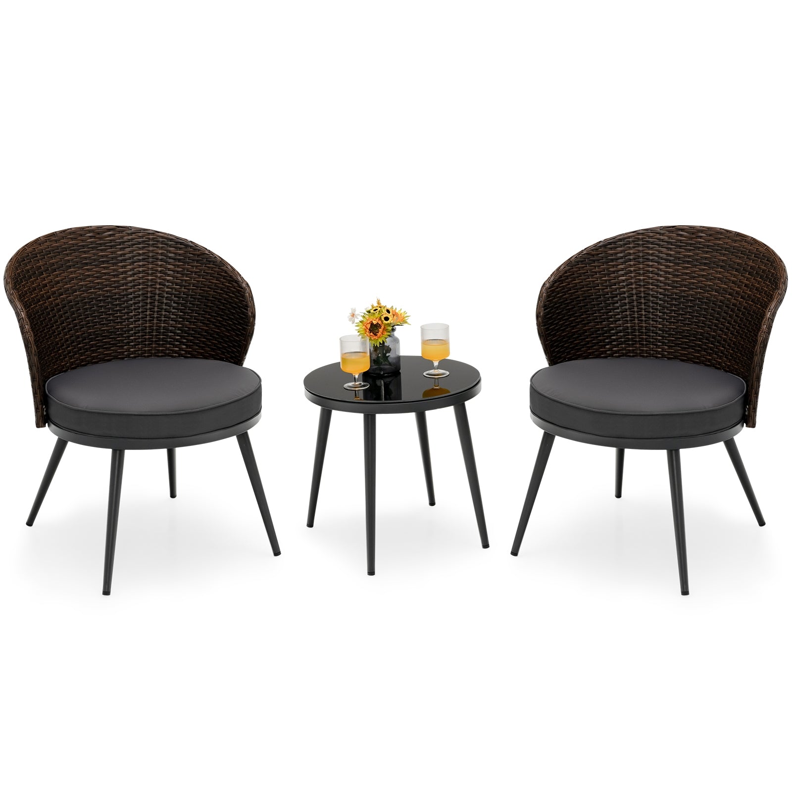 3 Pieces Patio Rattan Bistro Set with 2 Seat Cushions and Tempered Glass Tabletop, Brown Patio Conversation Sets at Gallery Canada