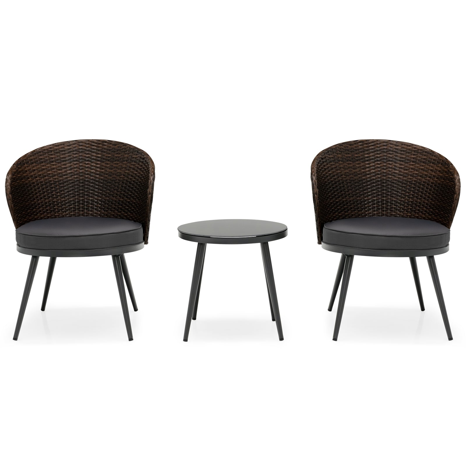 3 Pieces Patio Rattan Bistro Set with 2 Seat Cushions and Tempered Glass Tabletop, Brown Patio Conversation Sets at Gallery Canada