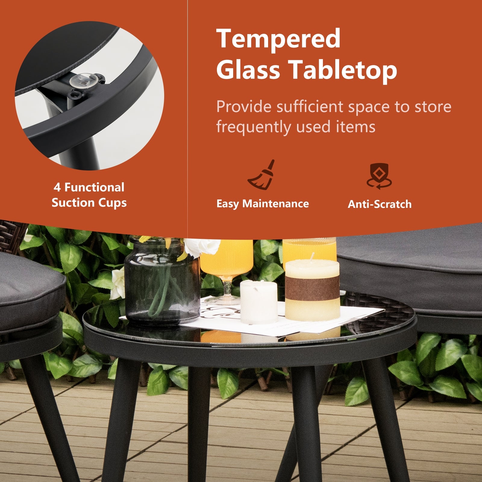3 Pieces Patio Rattan Bistro Set with 2 Seat Cushions and Tempered Glass Tabletop, Brown Patio Conversation Sets at Gallery Canada