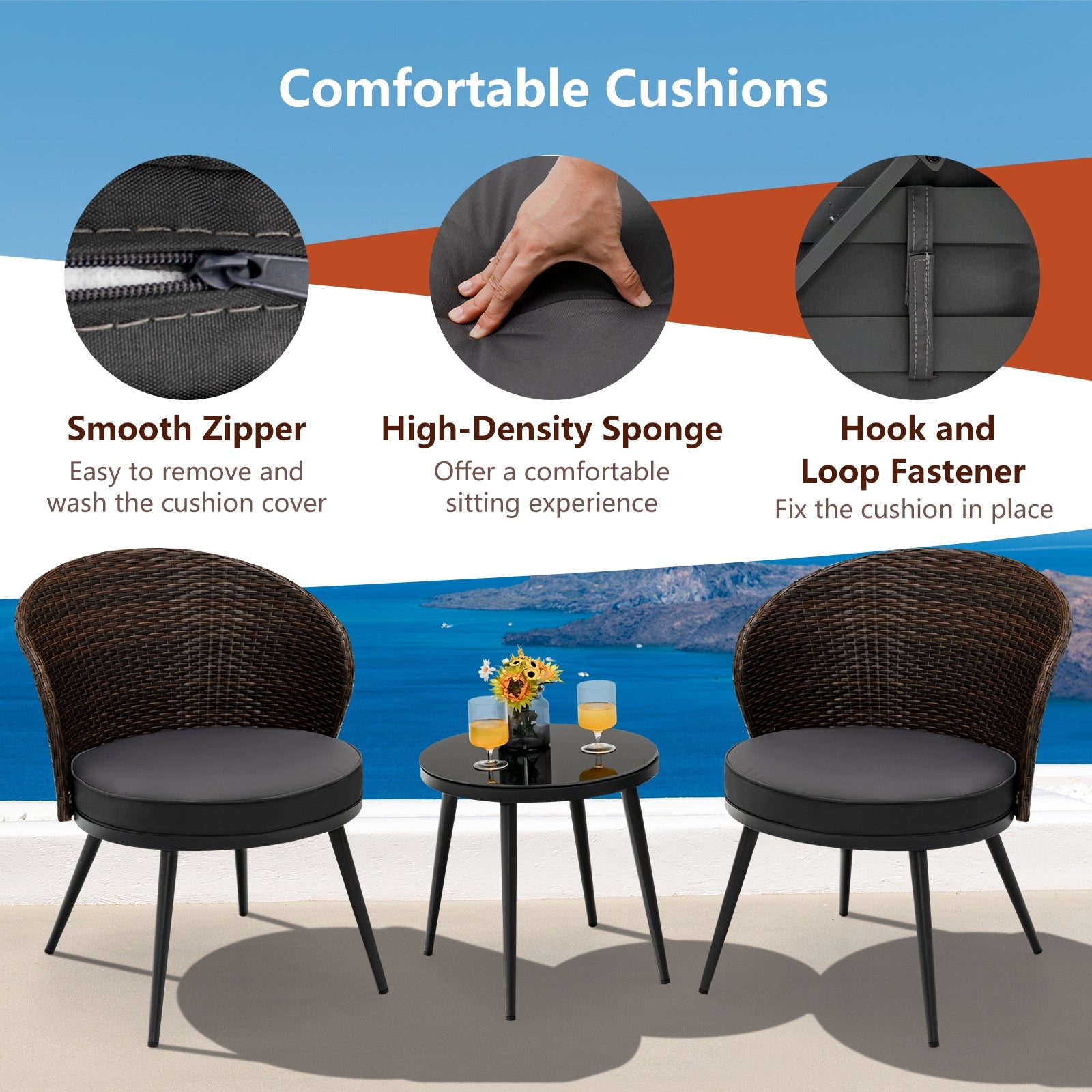 3 Pieces Patio Rattan Bistro Set with 2 Seat Cushions and Tempered Glass Tabletop, Brown Patio Conversation Sets at Gallery Canada
