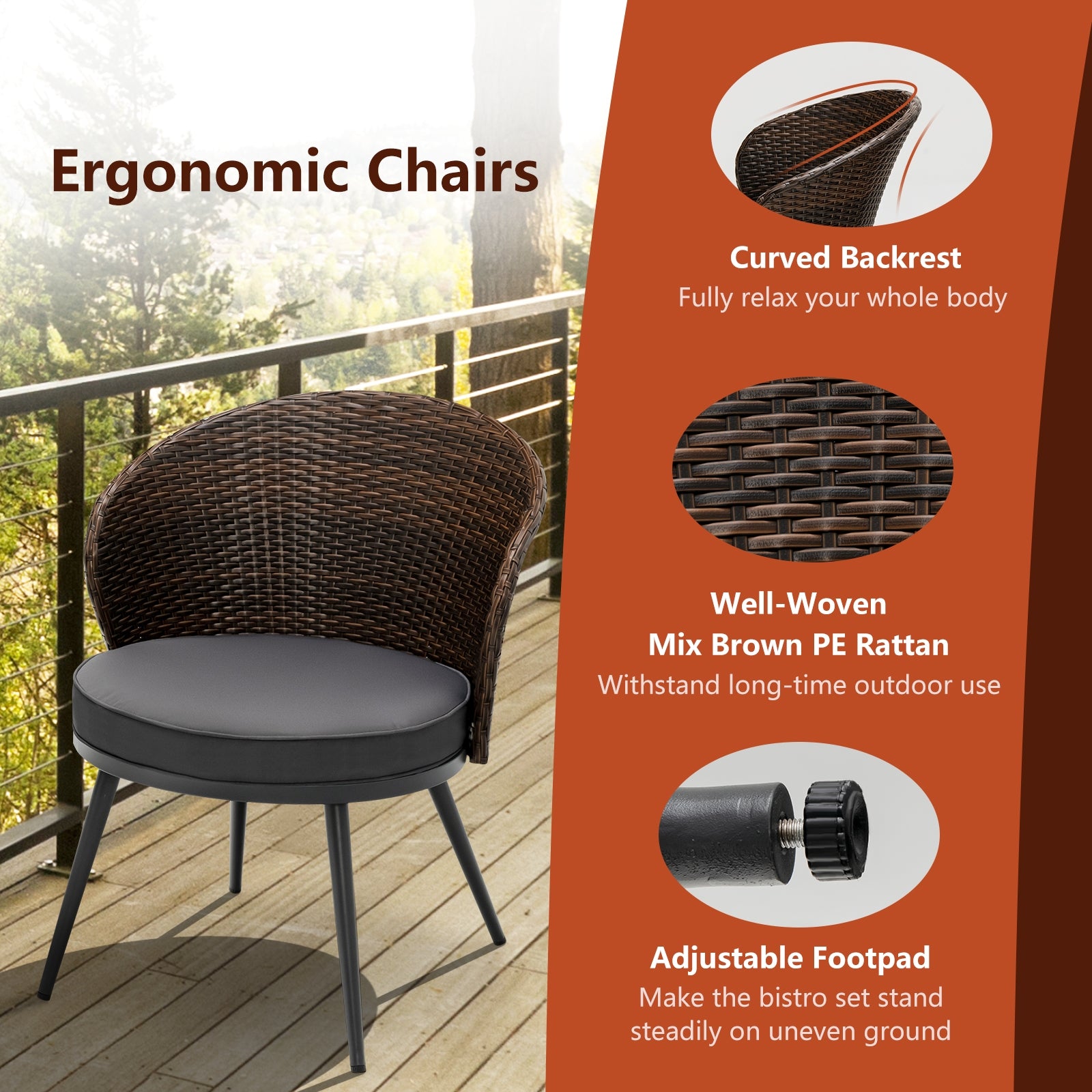 3 Pieces Patio Rattan Bistro Set with 2 Seat Cushions and Tempered Glass Tabletop, Brown Patio Conversation Sets at Gallery Canada
