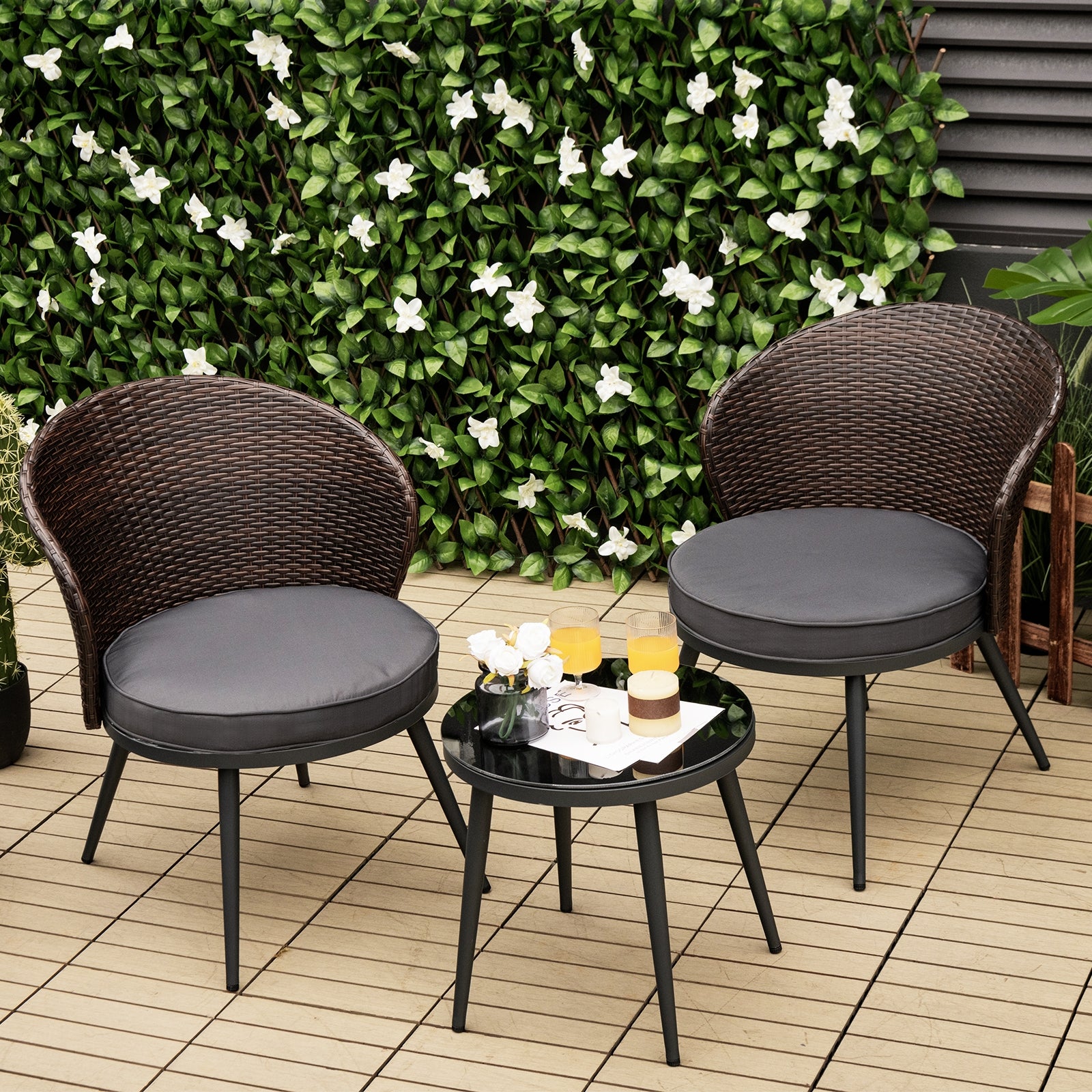 3 Pieces Patio Rattan Bistro Set with 2 Seat Cushions and Tempered Glass Tabletop, Brown Patio Conversation Sets at Gallery Canada