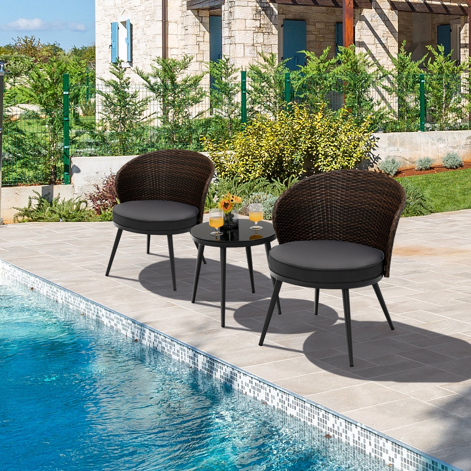 3 Pieces Patio Rattan Bistro Set with 2 Seat Cushions and Tempered Glass Tabletop, Brown Patio Conversation Sets at Gallery Canada