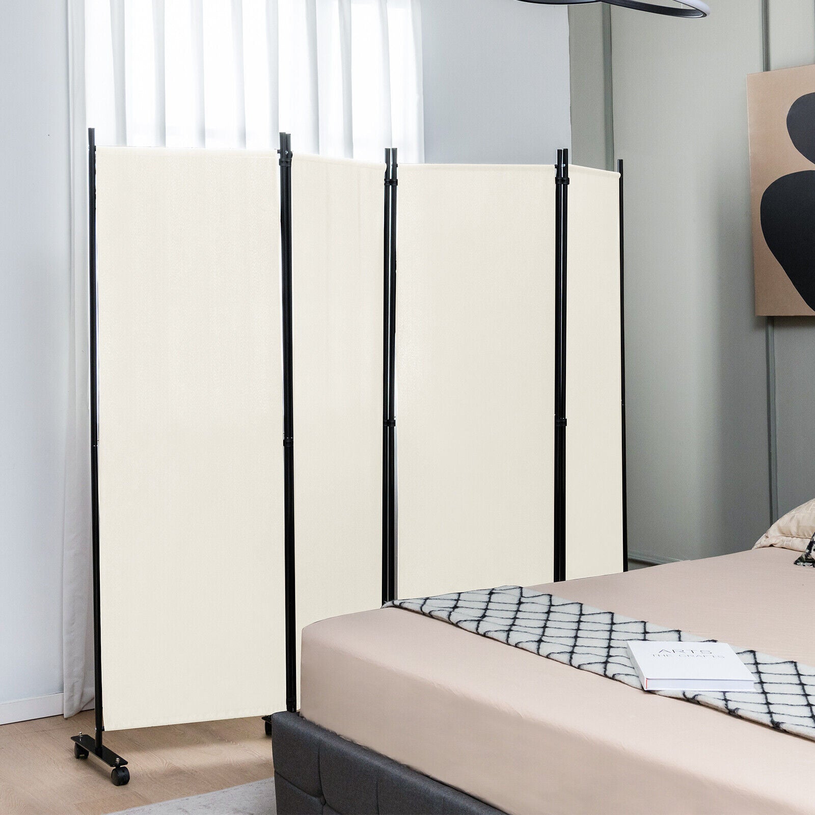 4-Panel Folding Room Divider 6 Feet Rolling Privacy Screen with Lockable Wheels, White Room Dividers at Gallery Canada