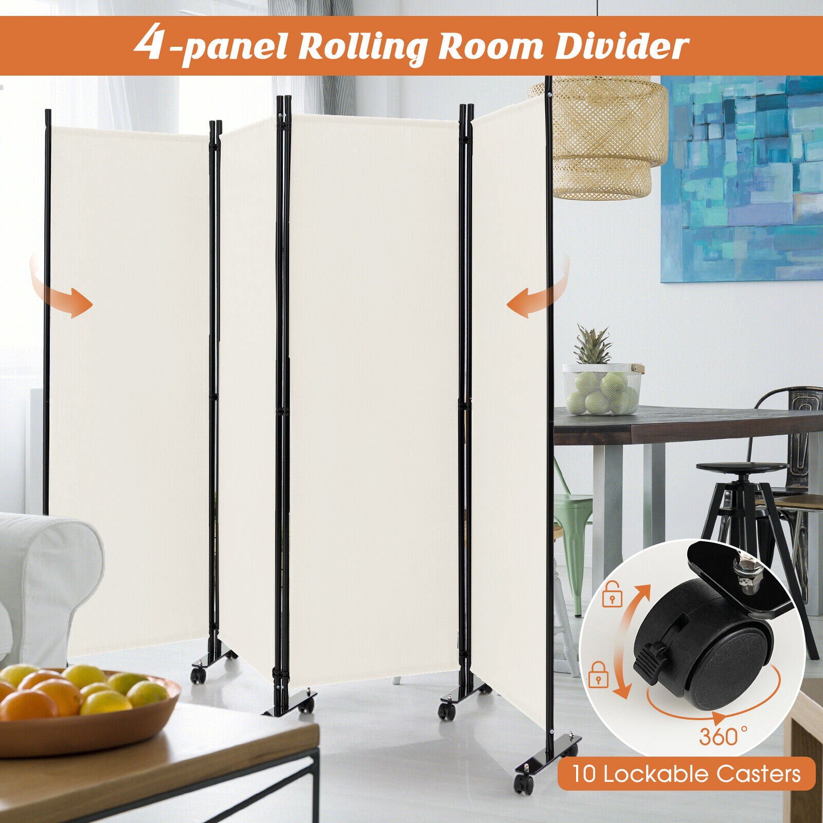 4-Panel Folding Room Divider 6 Feet Rolling Privacy Screen with Lockable Wheels, White Room Dividers at Gallery Canada