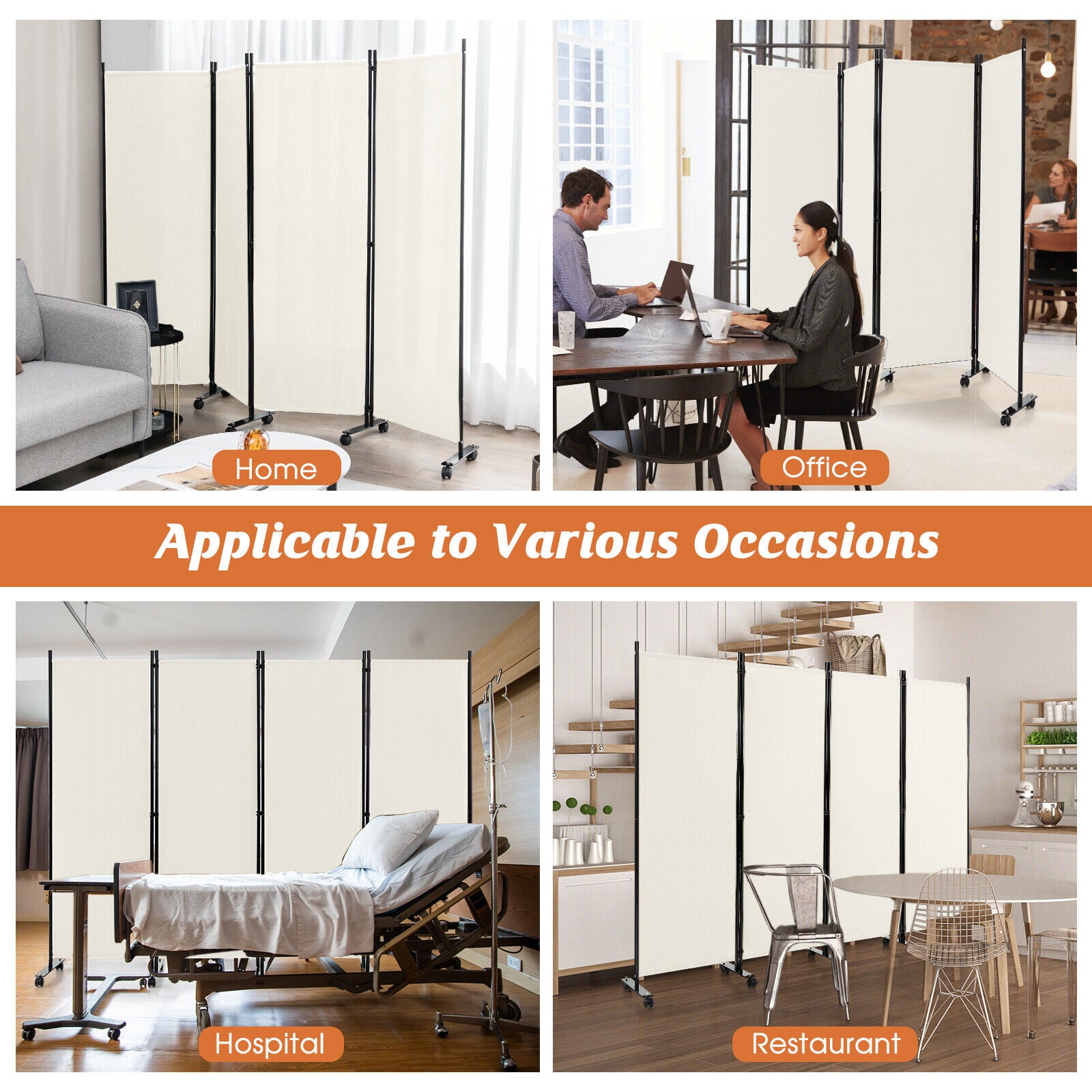 4-Panel Folding Room Divider 6 Feet Rolling Privacy Screen with Lockable Wheels, White Room Dividers at Gallery Canada