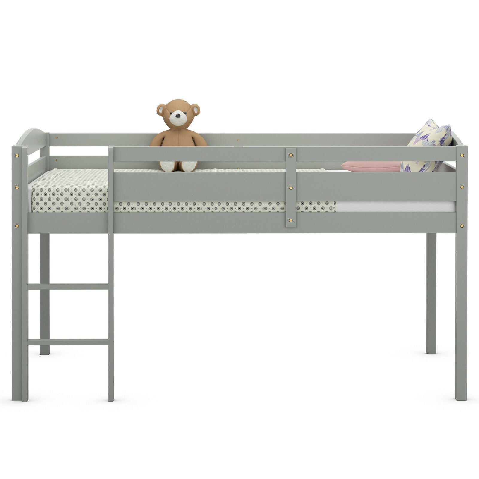 Wooden Twin Low Loft Bunk Bed with Guard Rail and Ladder, Gray Bunk Bed Frame at Gallery Canada