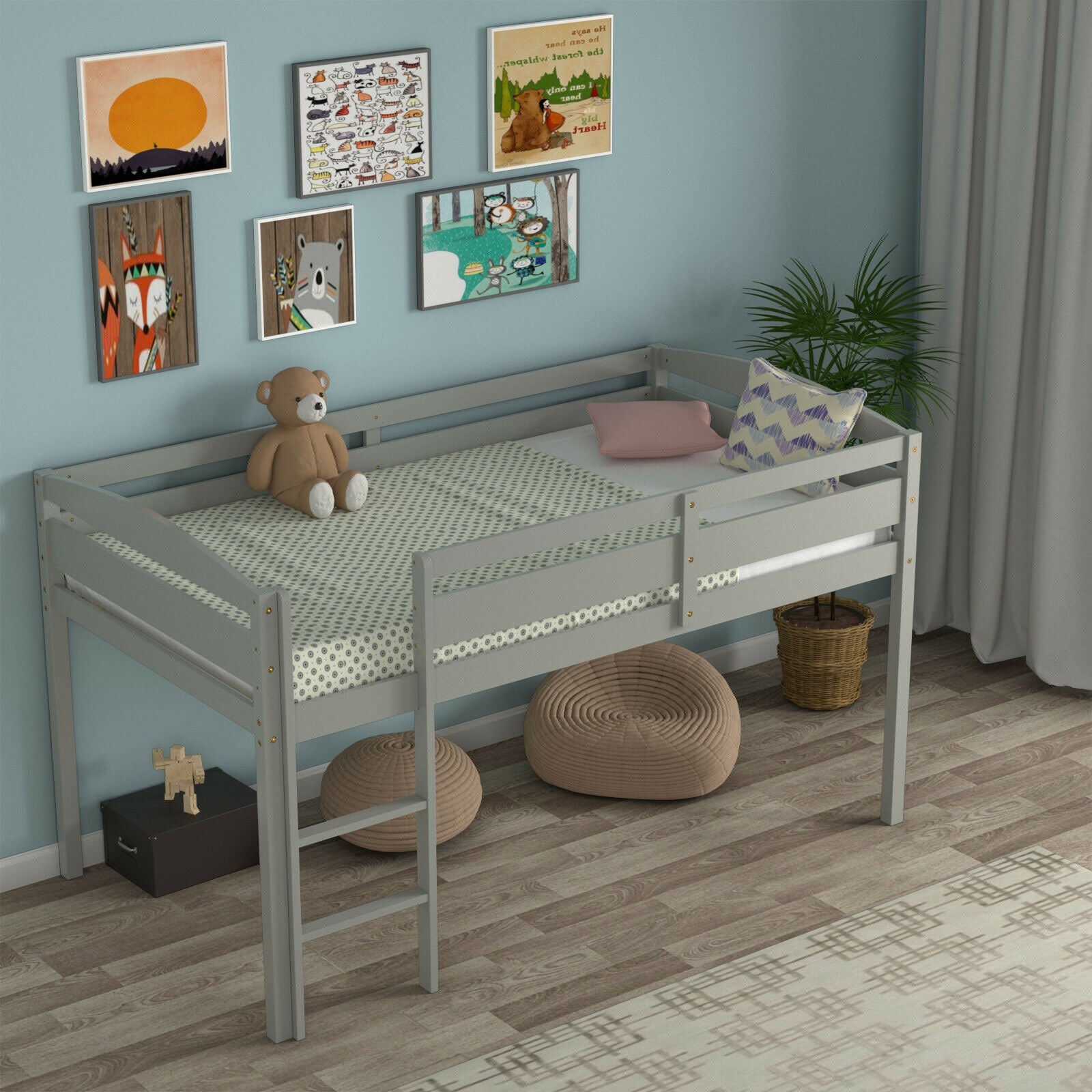 Wooden Twin Low Loft Bunk Bed with Guard Rail and Ladder, Gray Bunk Bed Frame at Gallery Canada
