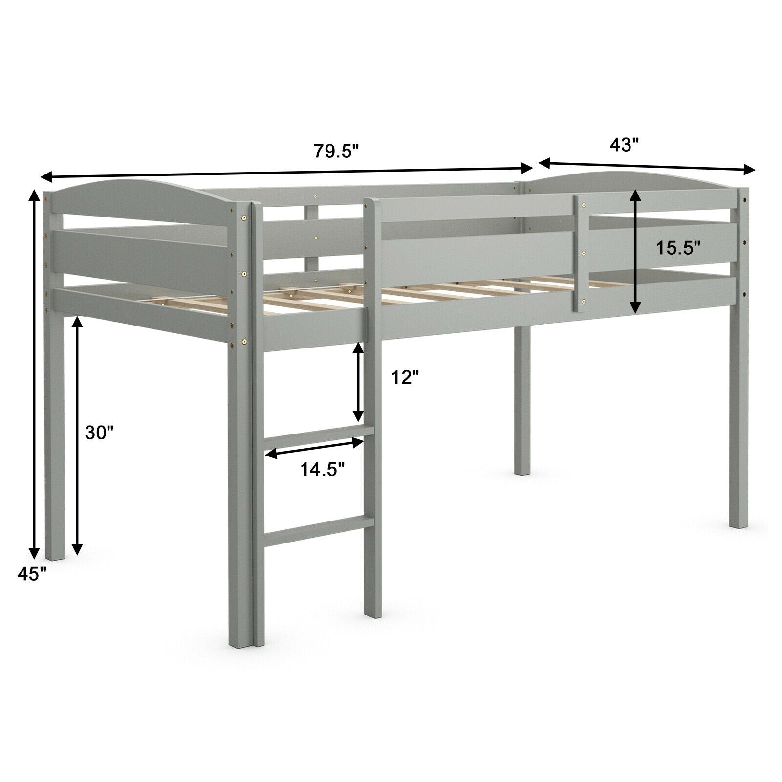 Wooden Twin Low Loft Bunk Bed with Guard Rail and Ladder, Gray Bunk Bed Frame at Gallery Canada