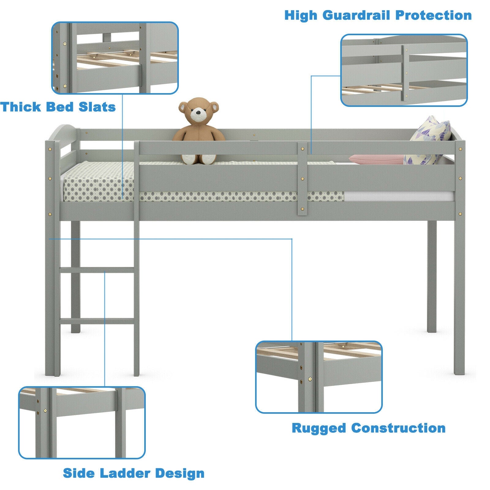 Wooden Twin Low Loft Bunk Bed with Guard Rail and Ladder, Gray Bunk Bed Frame at Gallery Canada