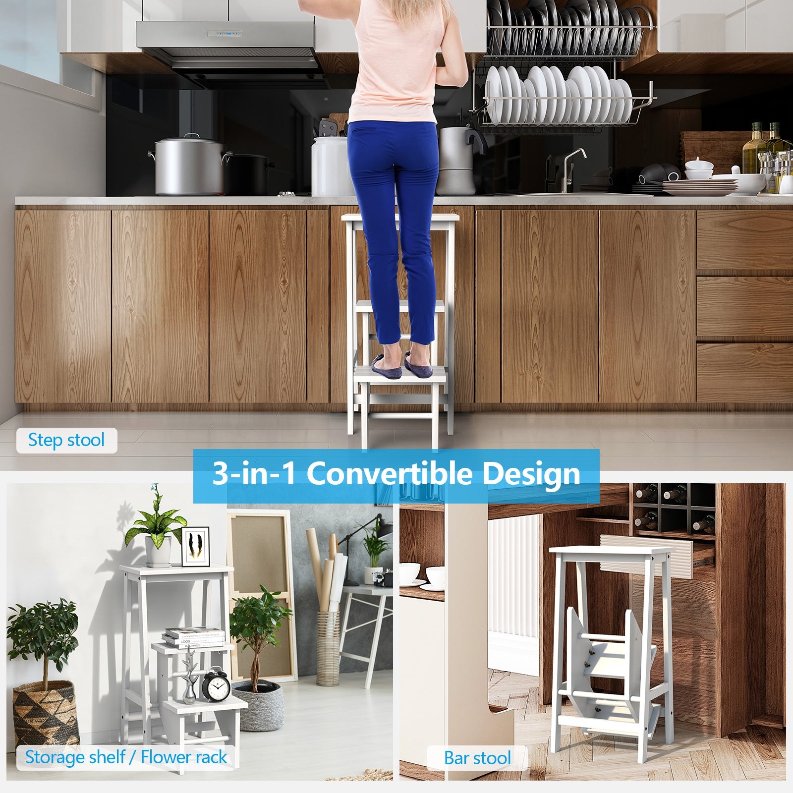 3-Tier Step Stool 3 in 1 Folding Ladder Bench, White Kitchen Utensils at Gallery Canada