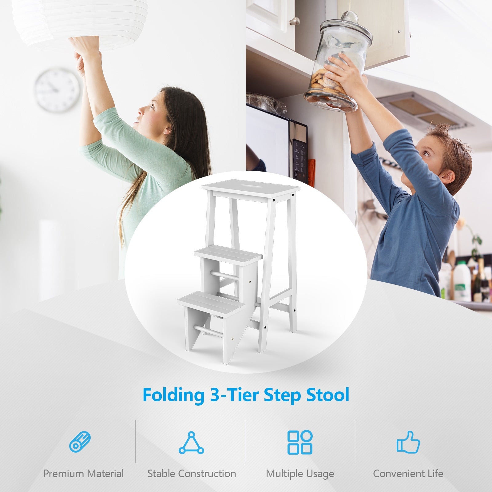 3-Tier Step Stool 3 in 1 Folding Ladder Bench, White Kitchen Utensils at Gallery Canada